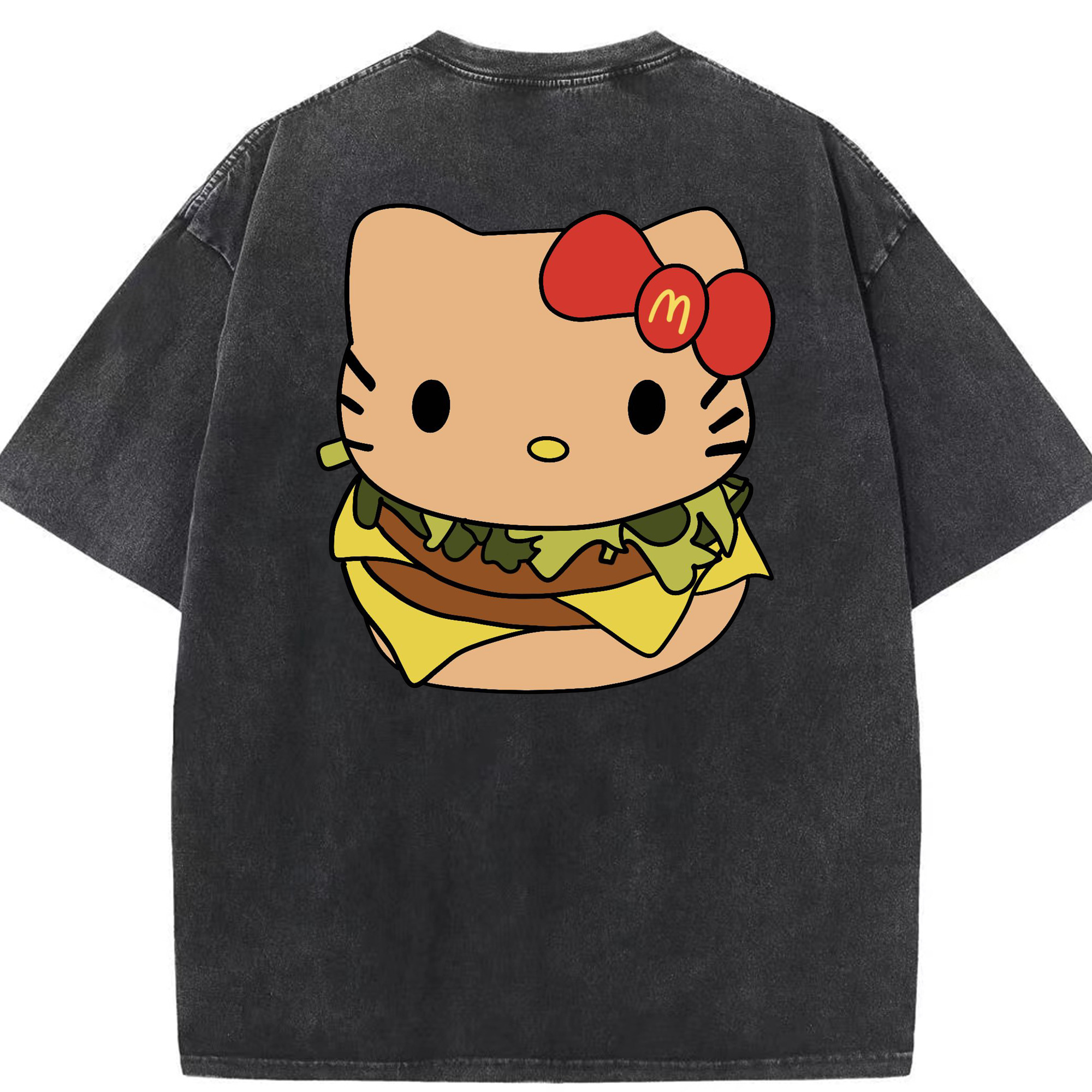 ハンバーガーモチーフのハローキティ - 綿100％ ヴィンテージ風 半袖Tシャツ ・ 背面プリント ・ 柔らか肌触り ・ 通気性 快適 ・ スポーツ カジュアル 外出用