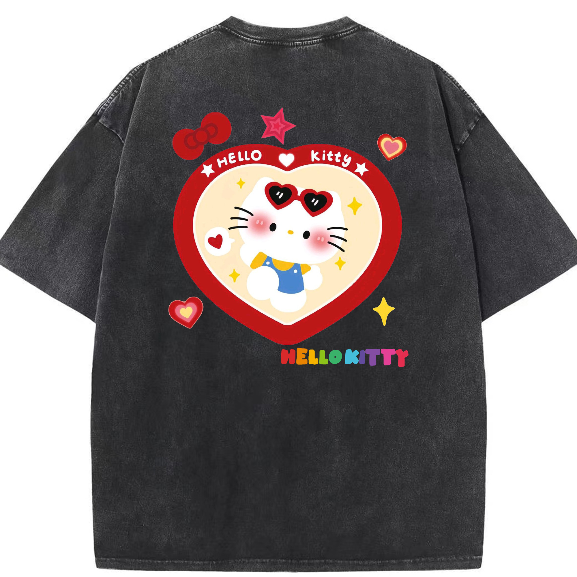 とびきりキュートなハローキティ - 綿100％ ヴィンテージ風 半袖Tシャツ ・ 背面プリント ・ 柔らか肌触り ・ 通気性 快適 ・ スポーツ カジュアル 外出用