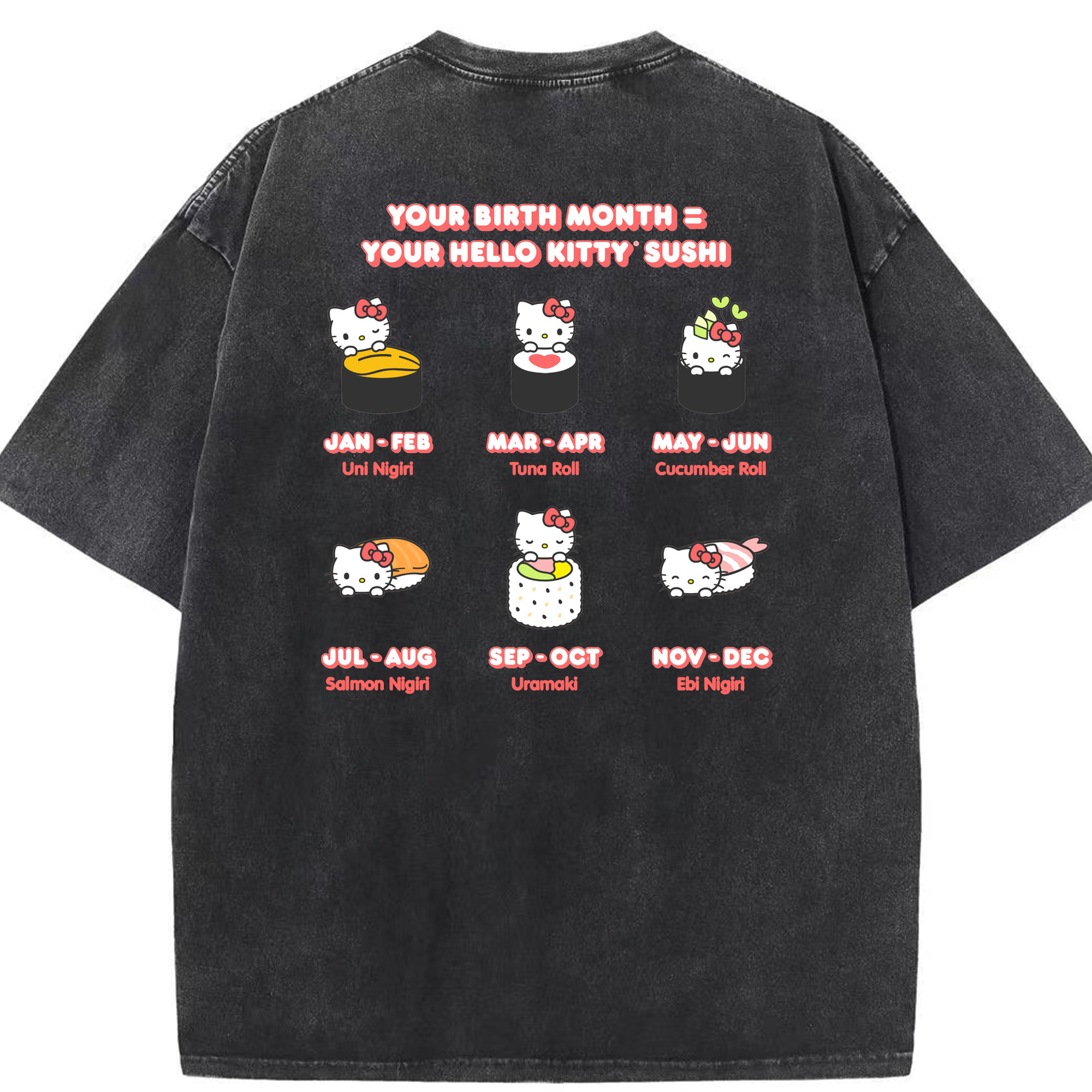 お寿司になったハローキティ - 綿100％ ヴィンテージ風 半袖Tシャツ ・ 背面プリント ・ 柔らか肌触り ・ 通気性 快適 ・ スポーツ カジュアル 外出用