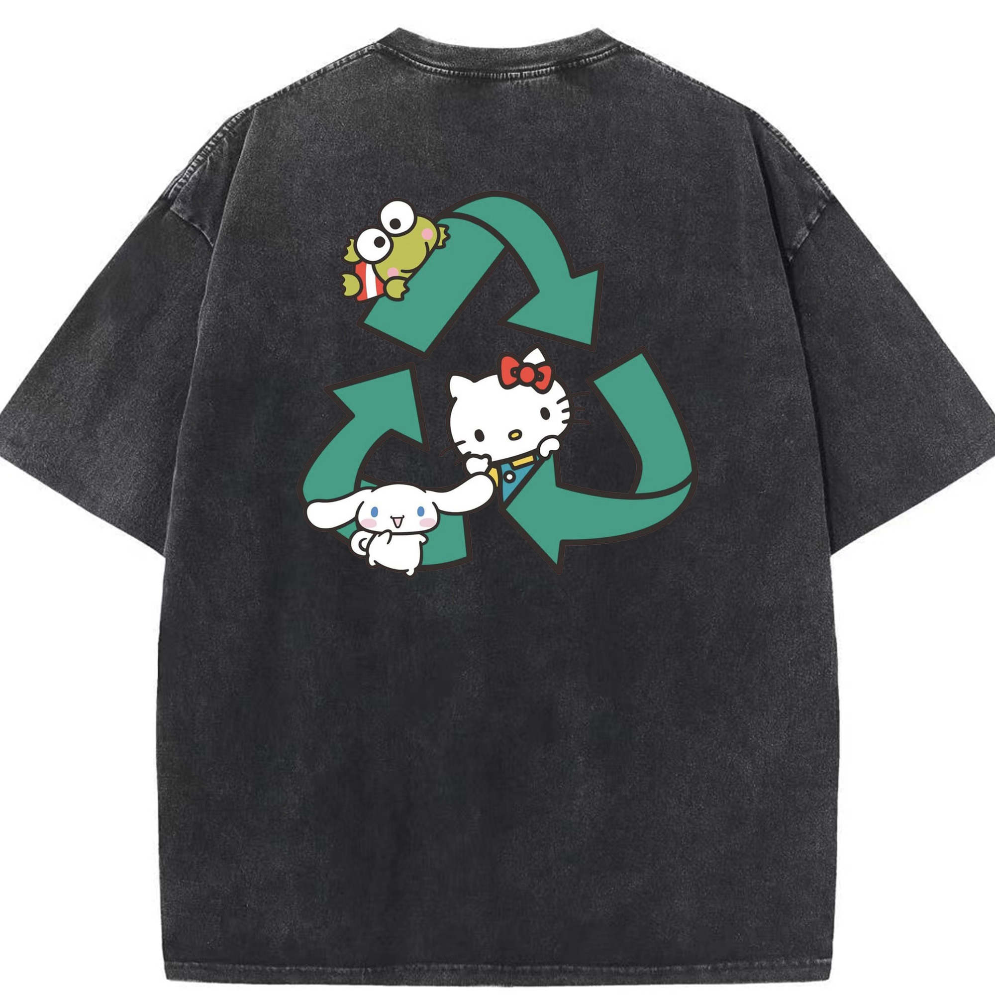 環境にやさしいハローキティ - 綿100％ ヴィンテージ風 半袖Tシャツ ・ 背面プリント ・ 柔らか肌触り ・ 通気性 快適 ・ スポーツ カジュアル 外出用