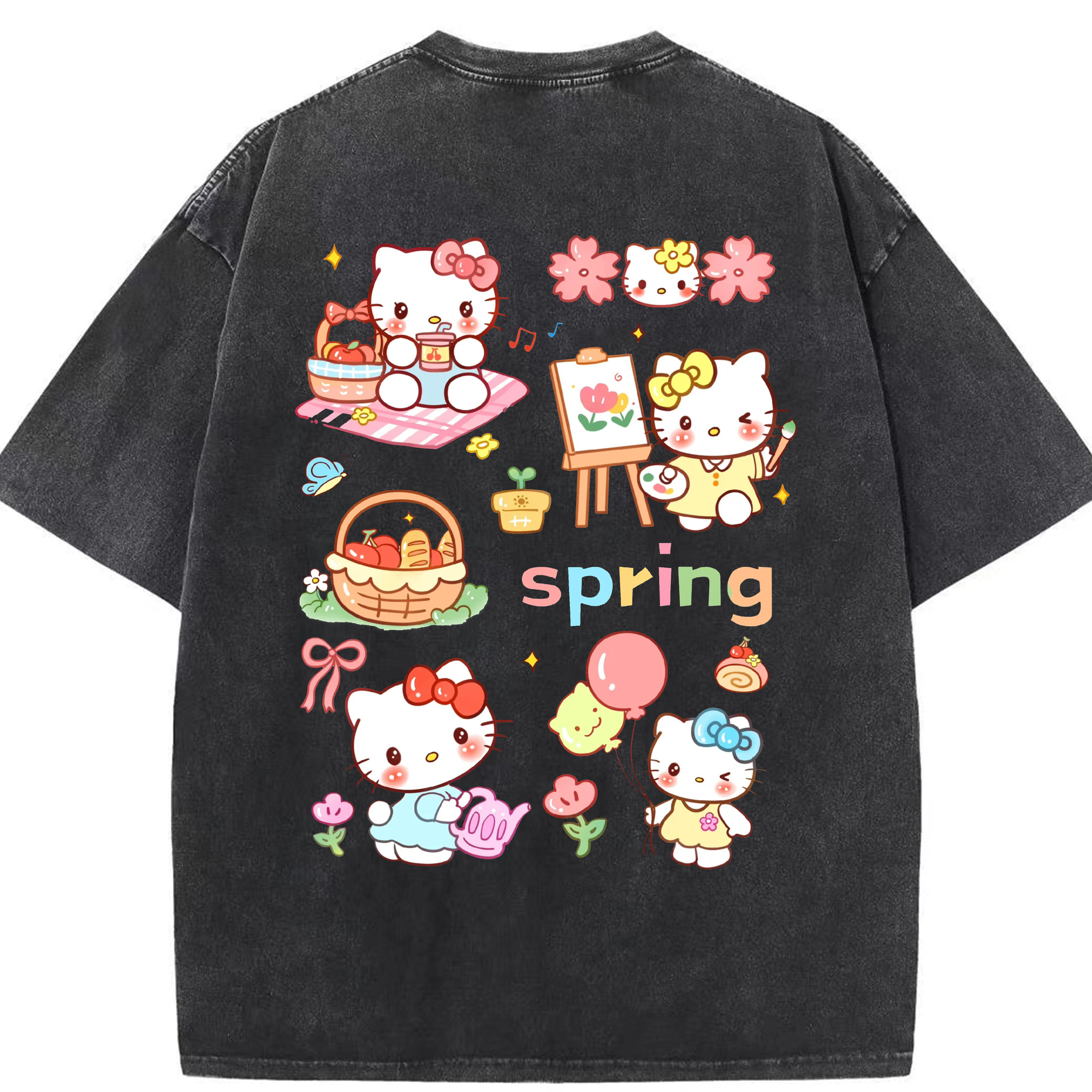 とびきりキュートなハローキティ - 綿100％ ヴィンテージ風 半袖Tシャツ ・ 背面プリント ・ 柔らか肌触り ・ 通気性 快適 ・ スポーツ カジュアル 外出用