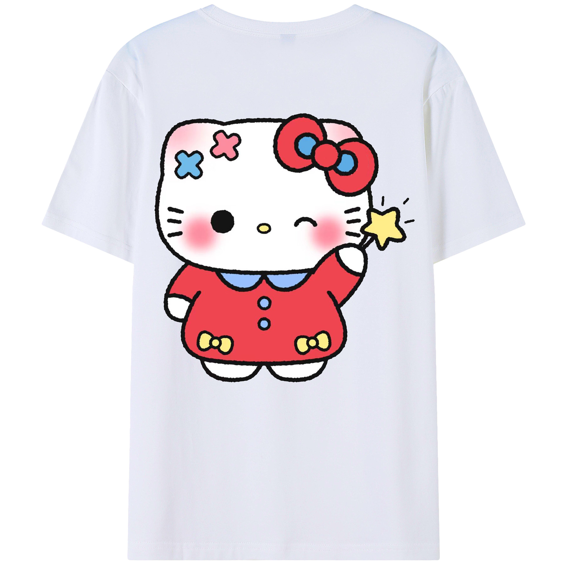 遊び心満載のハローキティ - レディース半袖Tシャツ ・ 綿100％ ・ バックプリント ・ 強化クルーネック ・ 二重折り袖口 ・ 快適 通気性 ・ フィットネス カジュアル 旅行用