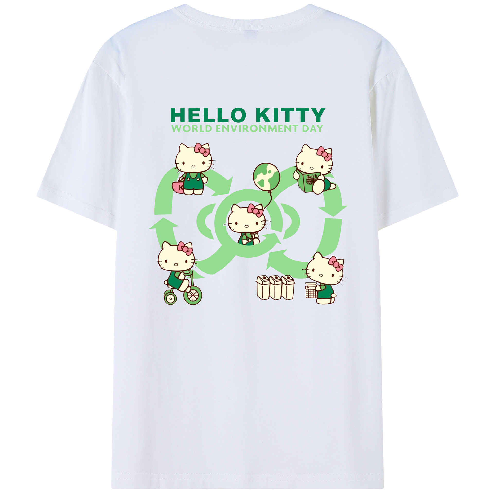 環境にやさしいハローキティ - レディース半袖Tシャツ ・ 綿100％ ・ バックプリント ・ 強化クルーネック ・ 二重折り袖口 ・ 快適 通気性 ・ フィットネス カジュアル 旅行用