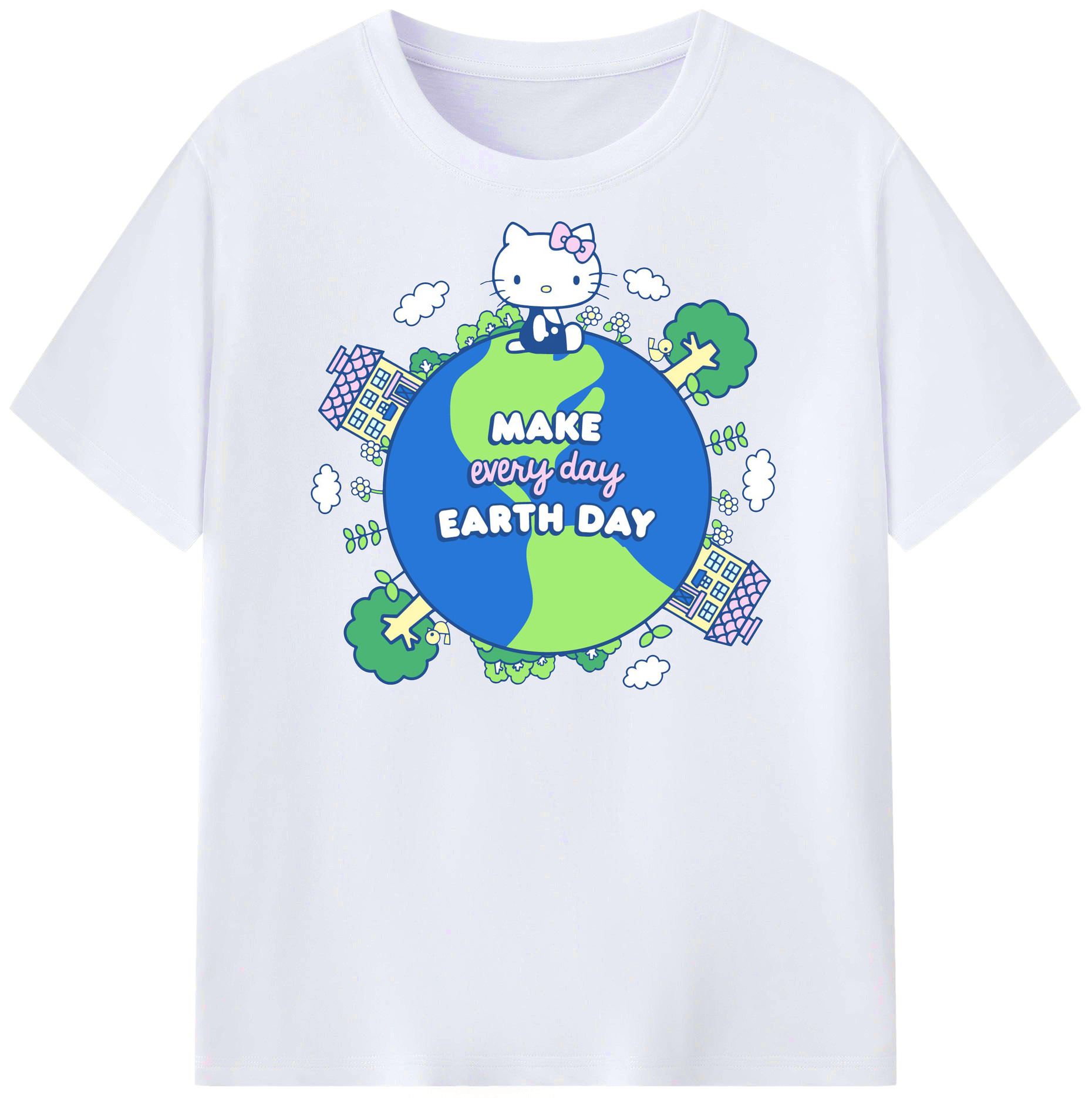 環境にやさしいハローキティ - レディースカジュアルプリントTシャツ ・ 綿100％ ・ クルーネック ・ フロントプリント ・ 柔らかく快適 ・ フィットネス カジュアル 旅行用