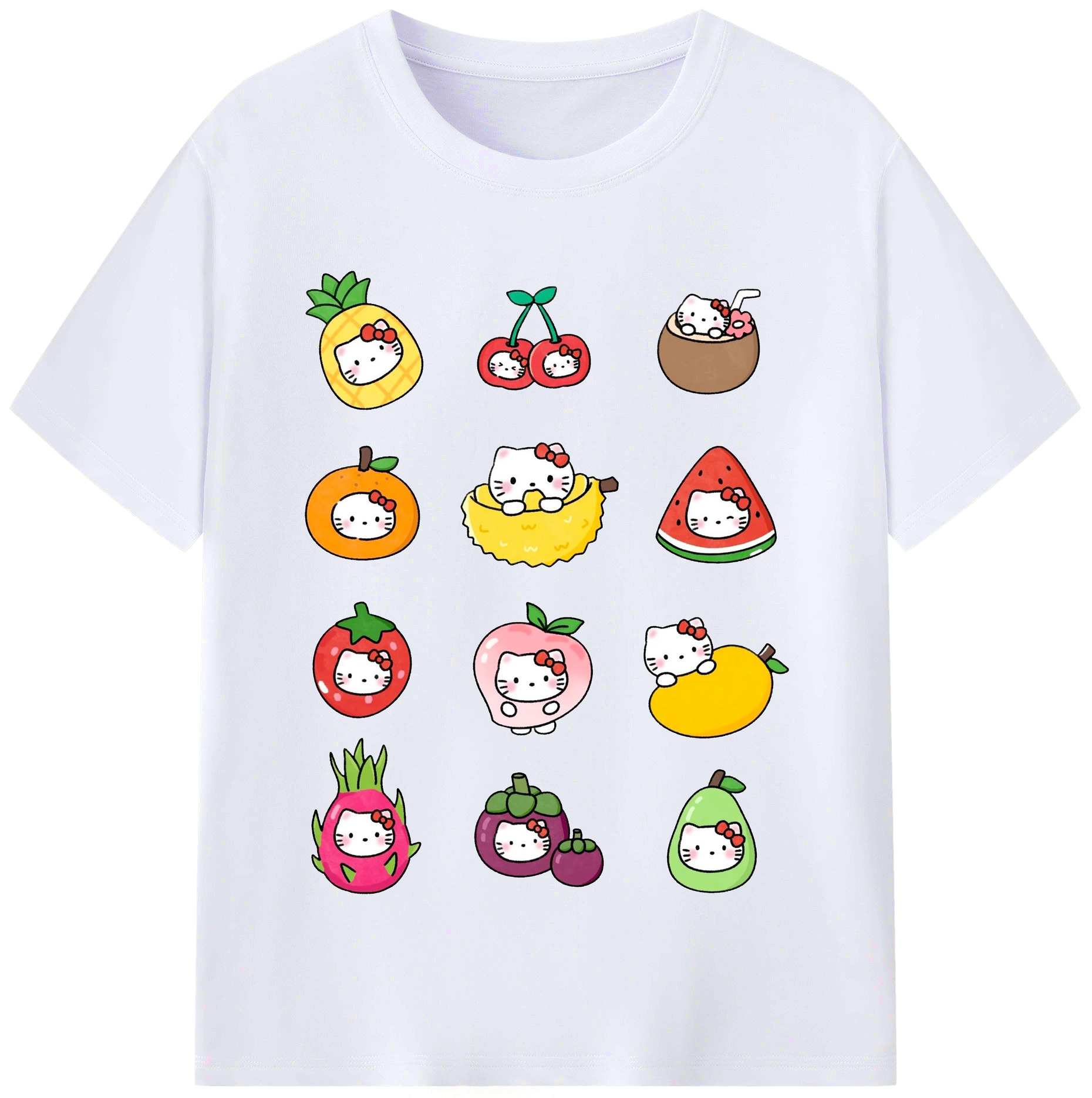 フルーツモチーフのハローキティ - レディースカジュアルプリントTシャツ ・ 綿100％ ・ クルーネック ・ フロントプリント ・ 柔らかく快適 ・ フィットネス カジュアル 旅行用
