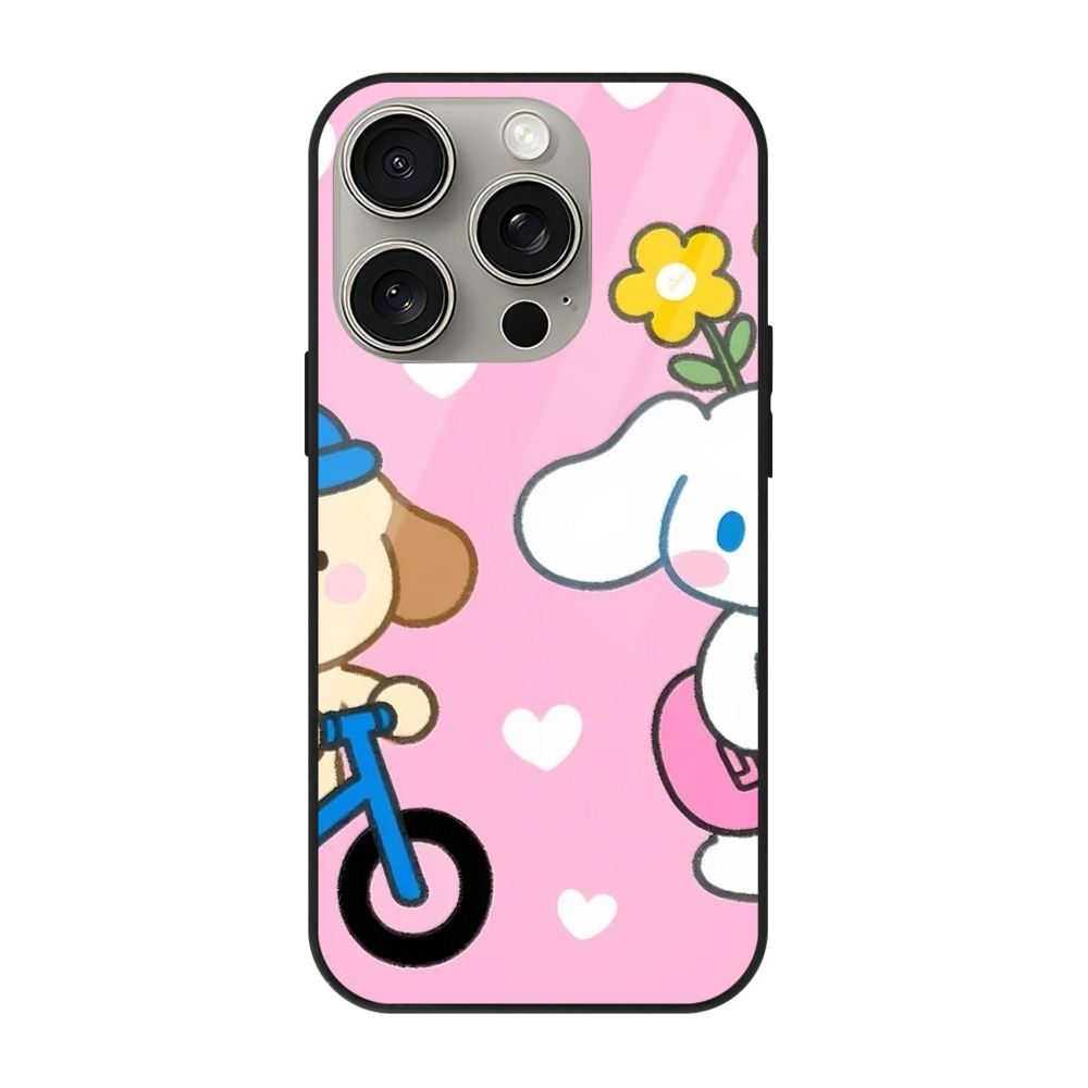 サンリオ - IPhone15Pro対応 ・ スマホケース ・ 背面ガラス ・ TPU+強化ガラス ・ 耐衝撃 ・ 黄変防止 ・ ワイヤレス充電対応 ・ 3D立体ボタン