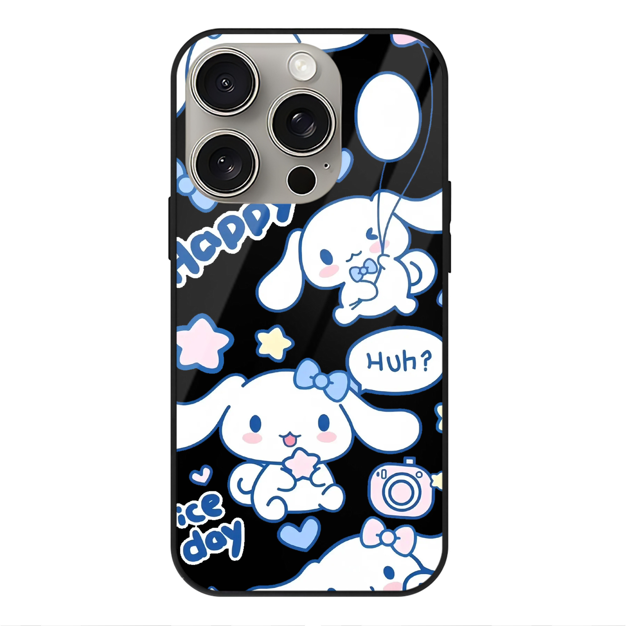 サンリオシナモロール - IPhone15Pro対応 ・ スマホケース ・ 背面ガラス ・ TPU+強化ガラス ・ 耐衝撃 ・ 黄変防止 ・ ワイヤレス充電対応 ・ 3D立体ボタン