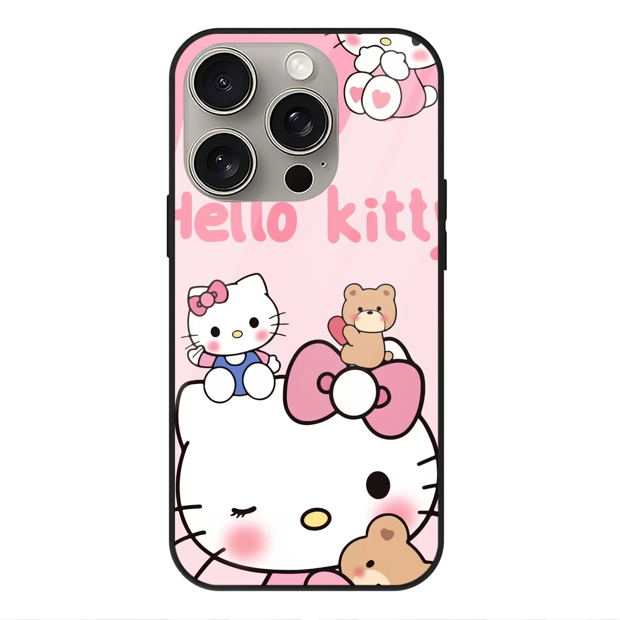 サンリオハローキティ - IPhone15Pro対応 ・ スマホケース ・ 背面ガラス ・ TPU+強化ガラス ・ 耐衝撃 ・ 黄変防止 ・ ワイヤレス充電対応 ・ 3D立体ボタン