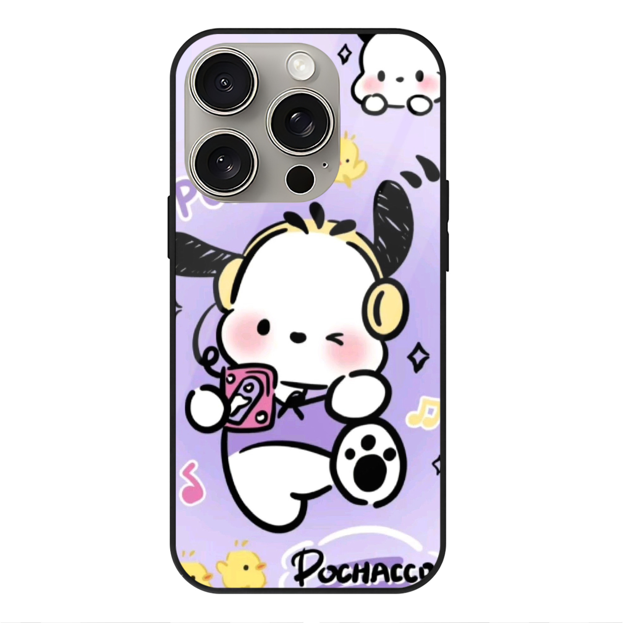 サンリオポチャッコ - IPhone15Pro対応 ・ スマホケース ・ 背面ガラス ・ TPU+強化ガラス ・ 耐衝撃 ・ 黄変防止 ・ ワイヤレス充電対応 ・ 3D立体ボタン