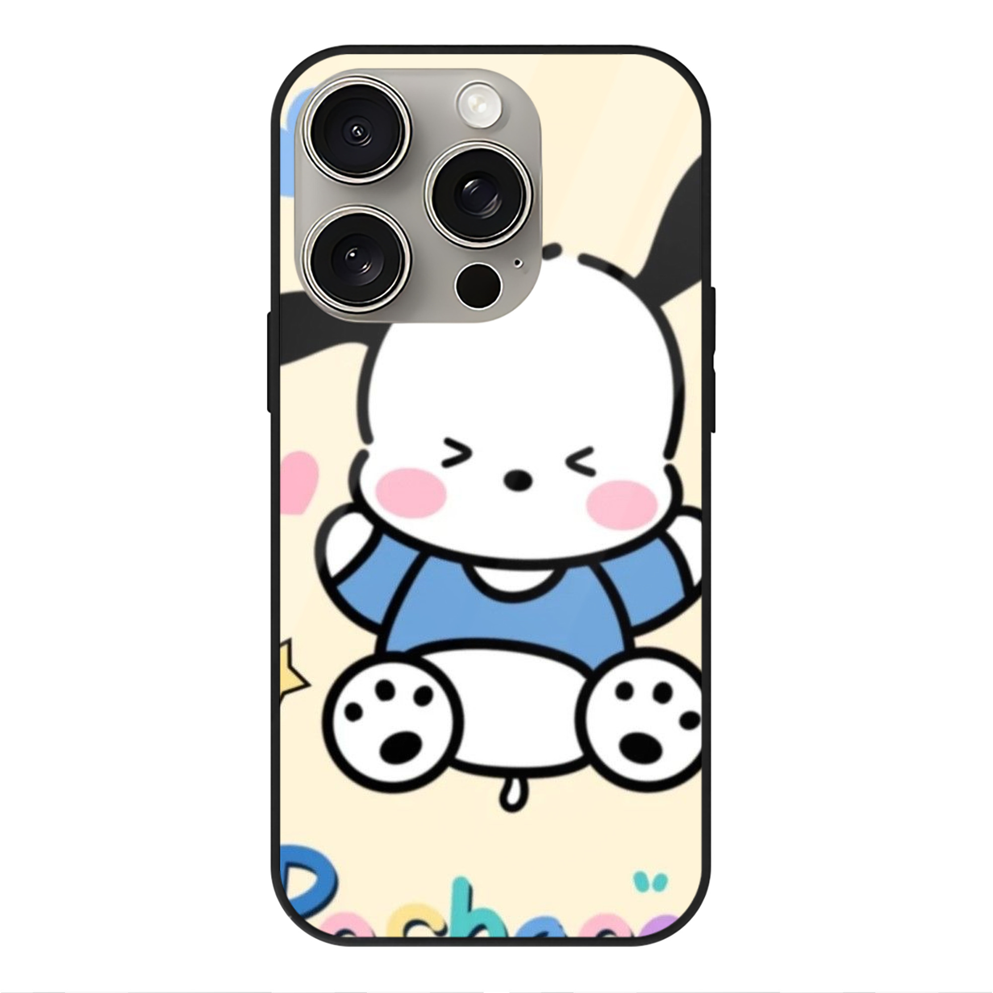 サンリオポチャッコ - IPhone15Pro対応 ・ スマホケース ・ 背面ガラス ・ TPU+強化ガラス ・ 耐衝撃 ・ 黄変防止 ・ ワイヤレス充電対応 ・ 3D立体ボタン