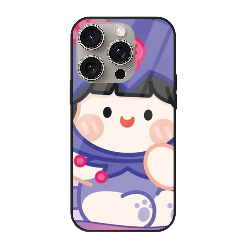 かわいいクロミ - IPhone15Pro対応 ・ スマホケース ・ 背面ガラス ・ TPU+強化ガラス ・ 耐衝撃 ・ 黄変防止 ・ ワイヤレス充電対応 ・ 3D立体ボタン