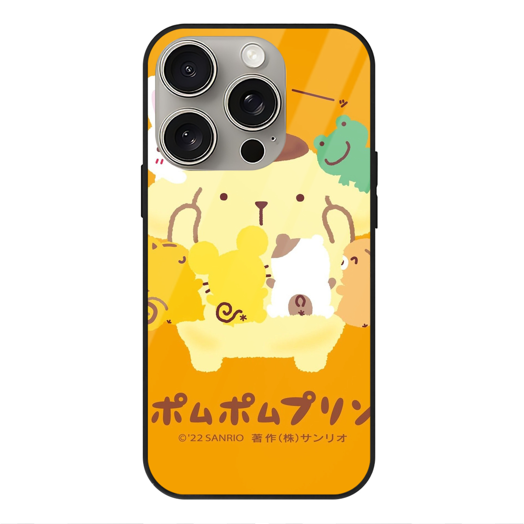 サンリオポムポムプリン - IPhone15Pro対応 ・ スマホケース ・ 背面ガラス ・ TPU+強化ガラス ・ 耐衝撃 ・ 黄変防止 ・ ワイヤレス充電対応 ・ 3D立体ボタン