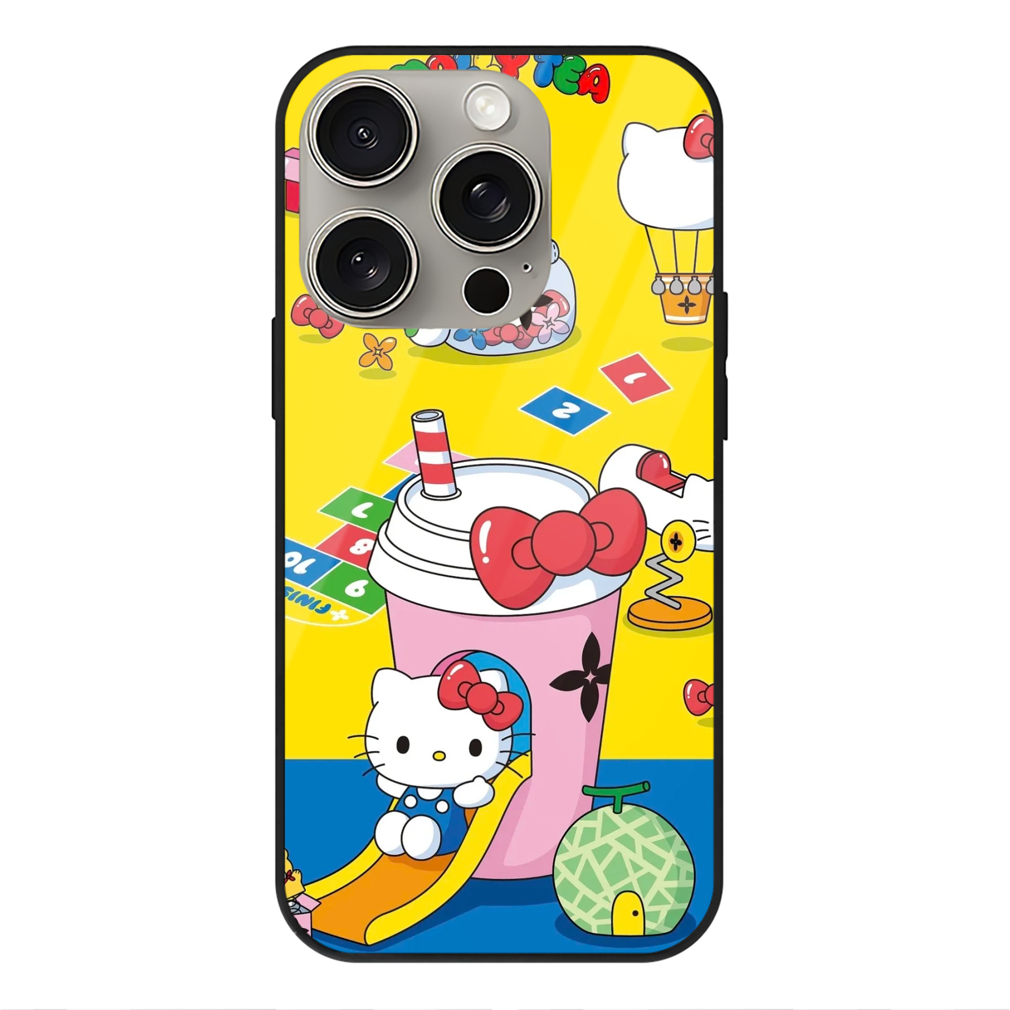 サンリオハローキティ - IPhone15Pro対応 ・ スマホケース ・ 背面ガラス ・ TPU+強化ガラス ・ 耐衝撃 ・ 黄変防止 ・ ワイヤレス充電対応 ・ 3D立体ボタン