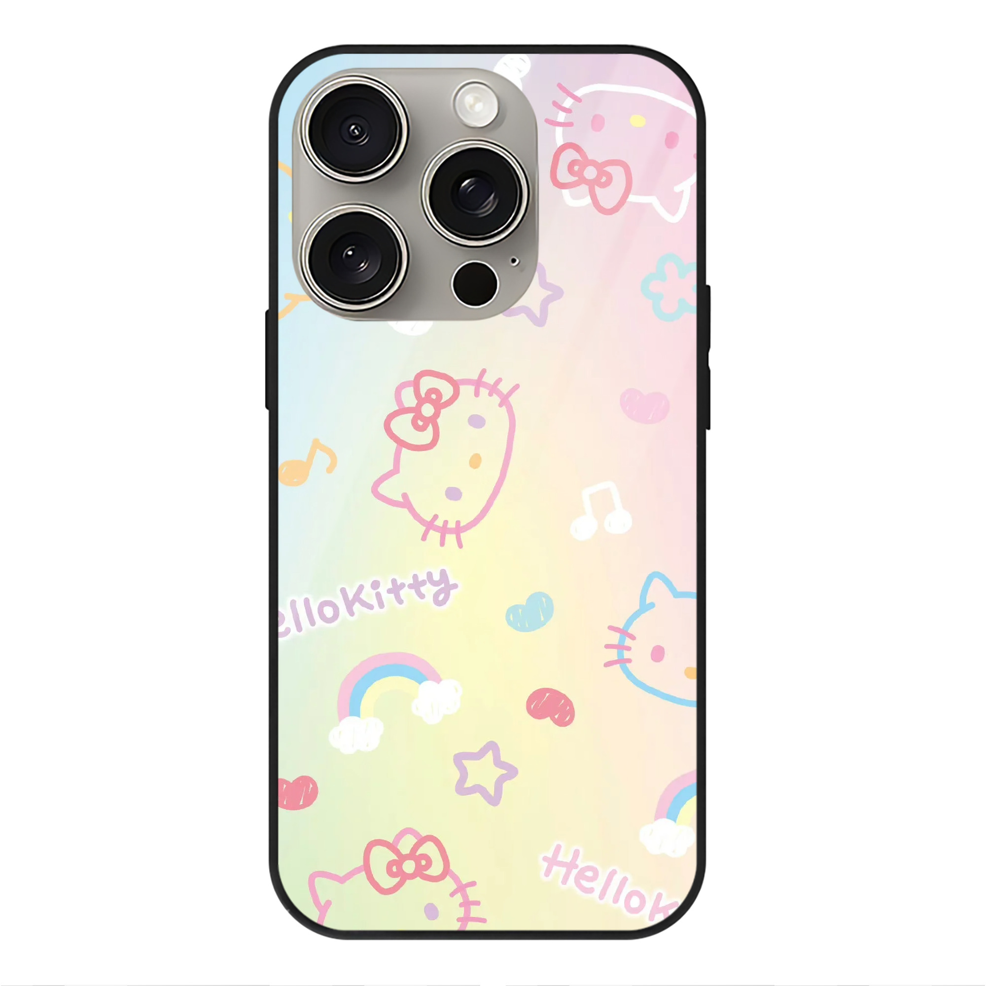 サンリオハローキティ - IPhone15Pro対応 ・ スマホケース ・ 背面ガラス ・ TPU+強化ガラス ・ 耐衝撃 ・ 黄変防止 ・ ワイヤレス充電対応 ・ 3D立体ボタン