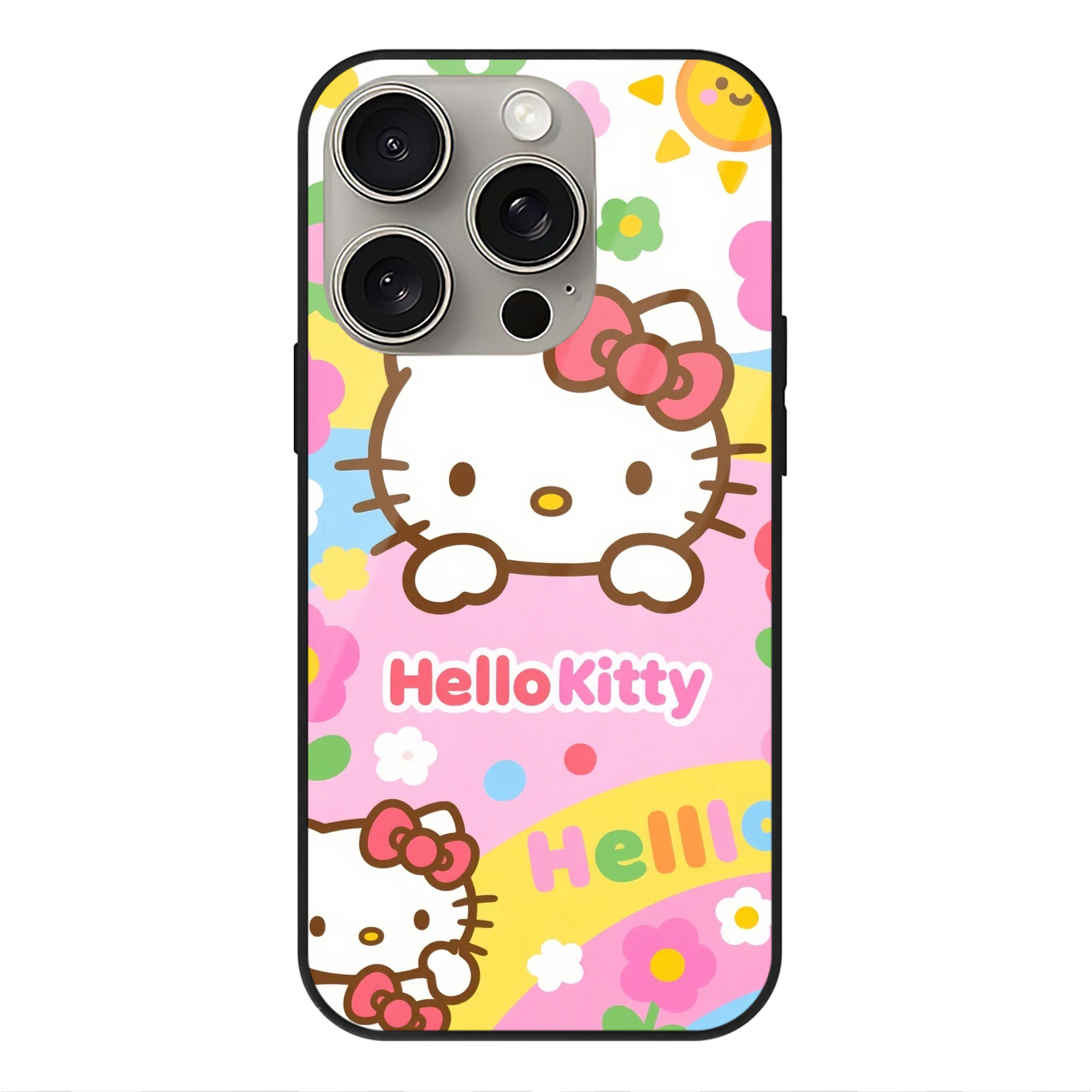 サンリオハローキティ - IPhone15Pro対応 ・ スマホケース ・ 背面ガラス ・ TPU+強化ガラス ・ 耐衝撃 ・ 黄変防止 ・ ワイヤレス充電対応 ・ 3D立体ボタン