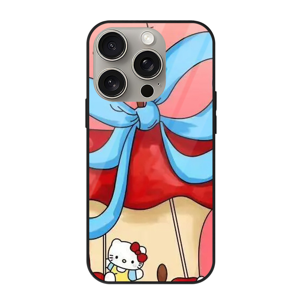 サンリオハローキティ - IPhone15Pro対応 ・ スマホケース ・ 背面ガラス ・ TPU+強化ガラス ・ 耐衝撃 ・ 黄変防止 ・ ワイヤレス充電対応 ・ 3D立体ボタン