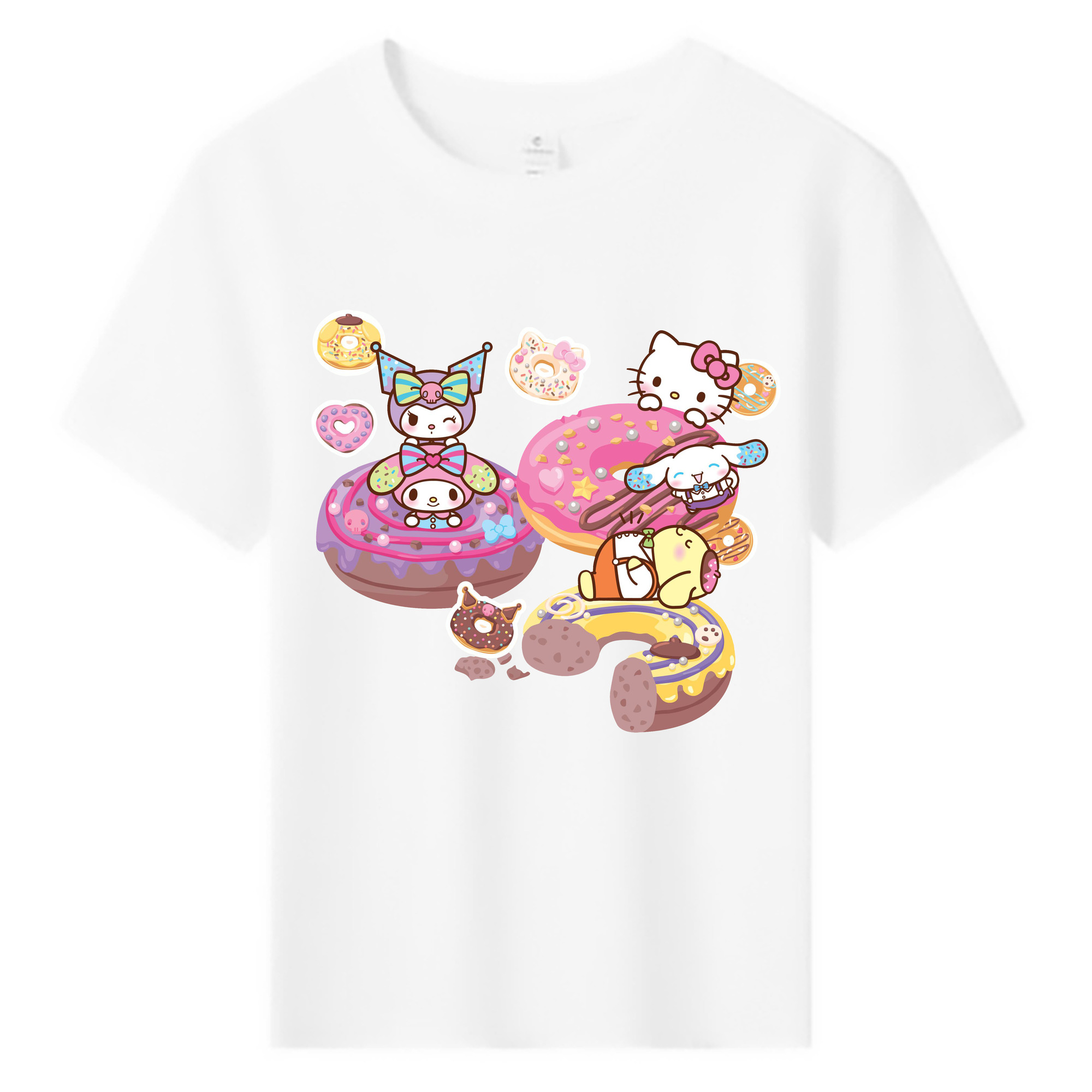 ドーナツ×サンリオ - 綿100％ キッズTシャツ ・ フロントプリント ・ 快適 通気性 ・ スポーツ カジュアル 散歩用