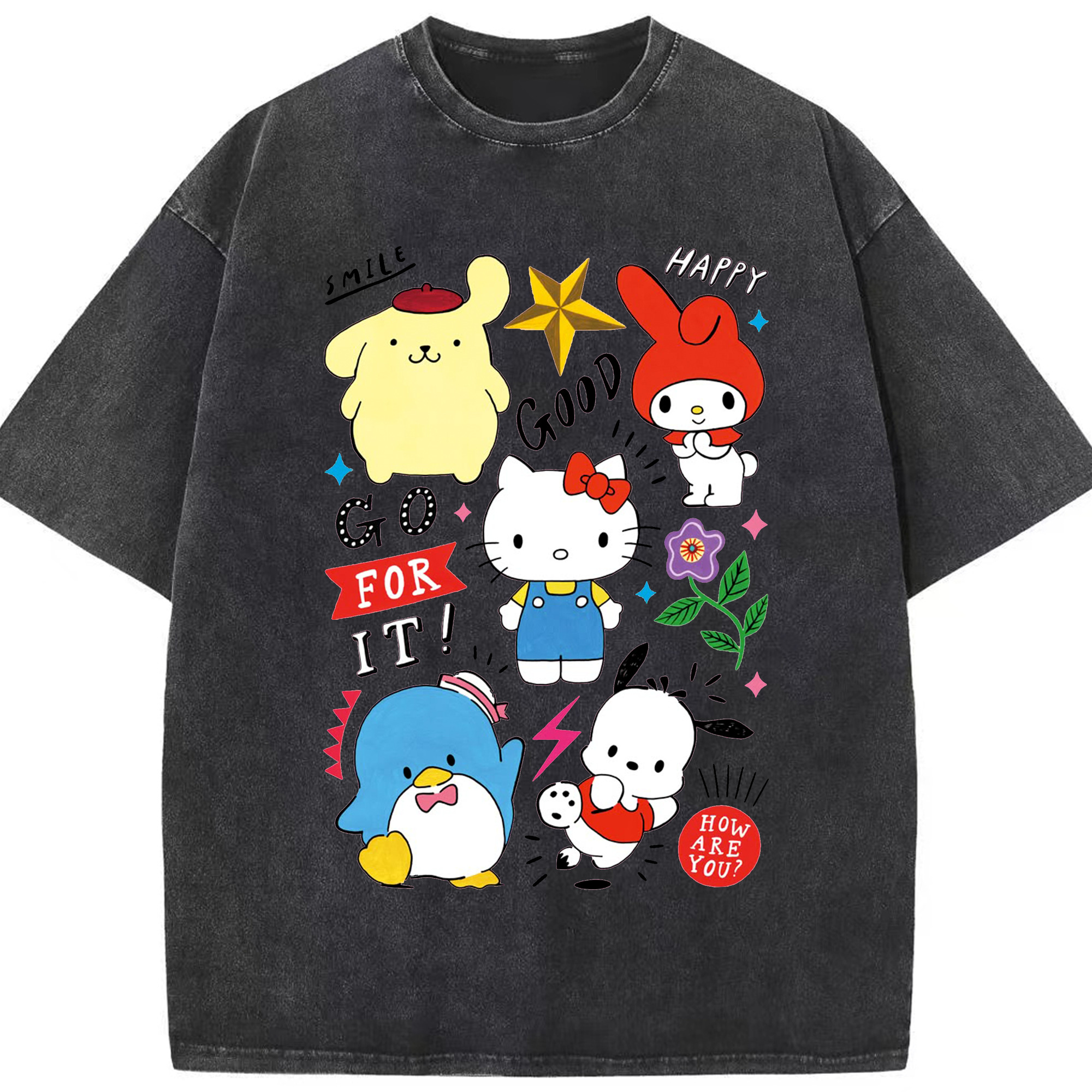 おもしろサンリオ - 綿100％ ヴィンテージ風 半袖Tシャツ ・ フロントプリント ・ 柔らか肌触り ・ 通気性 快適 ・ スポーツ カジュアル 外出用