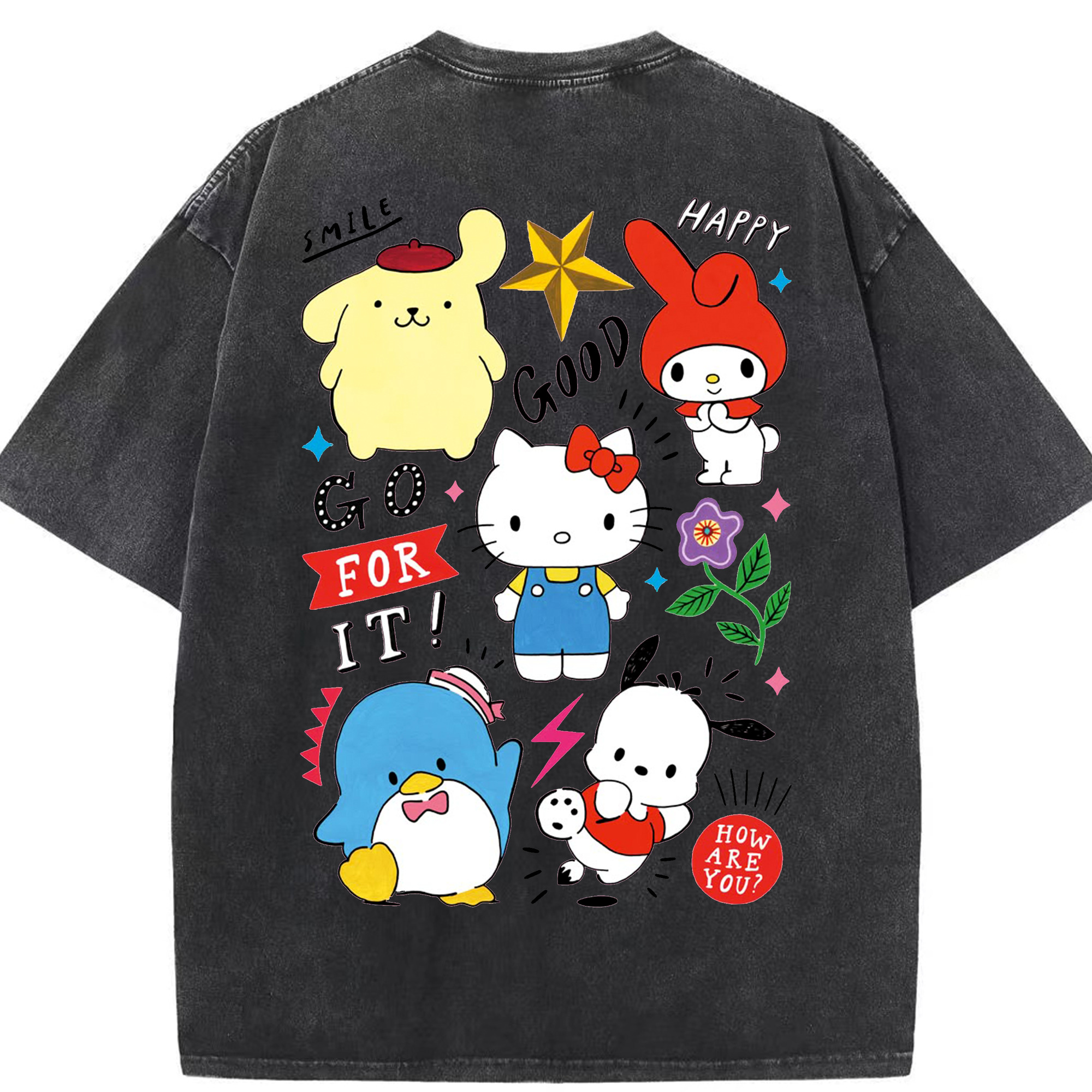 おもしろサンリオ - 綿100％ ヴィンテージ風 半袖Tシャツ ・ 背面プリント ・ 柔らか肌触り ・ 通気性 快適 ・ スポーツ カジュアル 外出用
