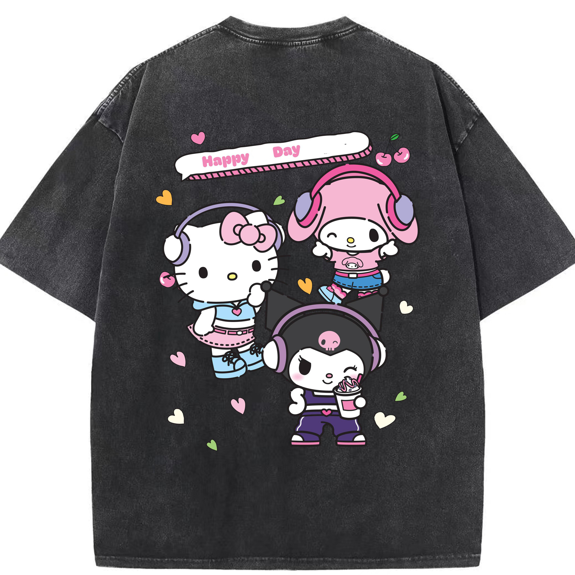 音楽を聴くサンリオキャラ - 綿100％ ヴィンテージ風 半袖Tシャツ ・ 背面プリント ・ 柔らか肌触り ・ 通気性 快適 ・ スポーツ カジュアル 外出用