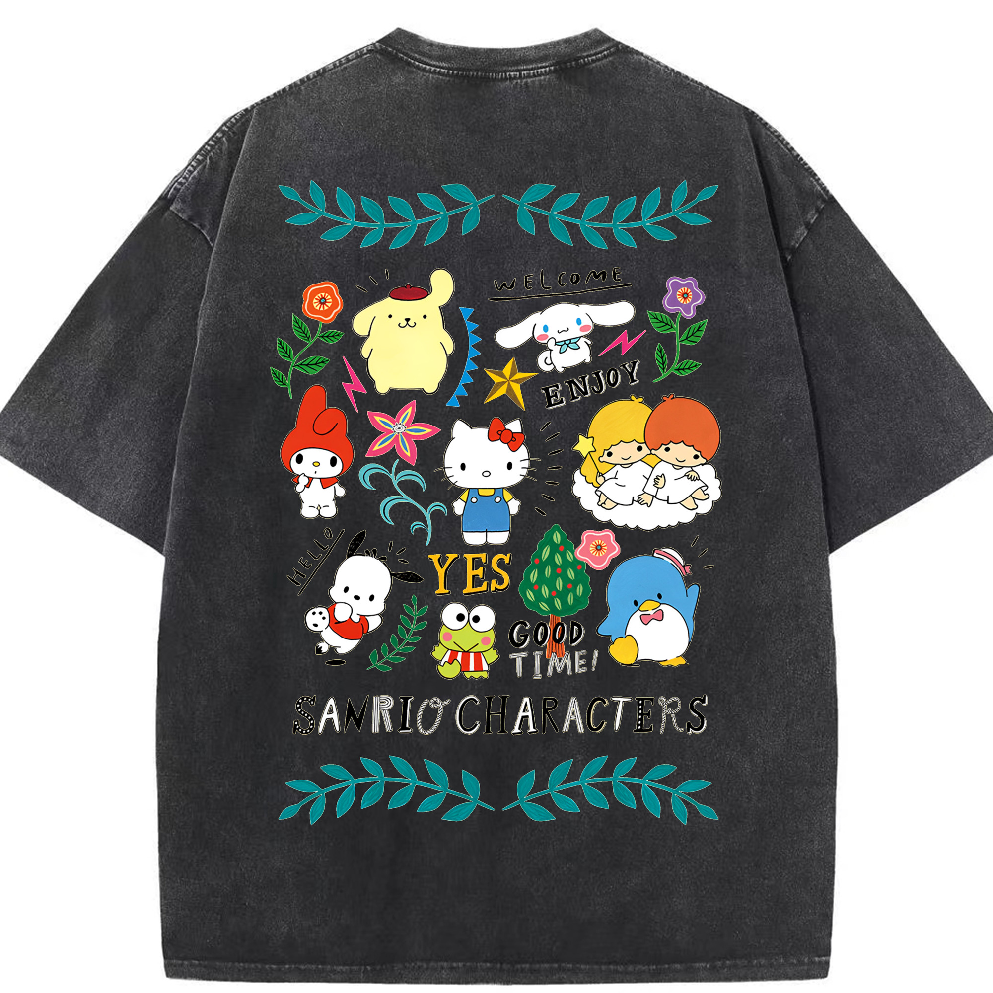 おもしろサンリオ - 綿100％ ヴィンテージ風 半袖Tシャツ ・ 背面プリント ・ 柔らか肌触り ・ 通気性 快適 ・ スポーツ カジュアル 外出用