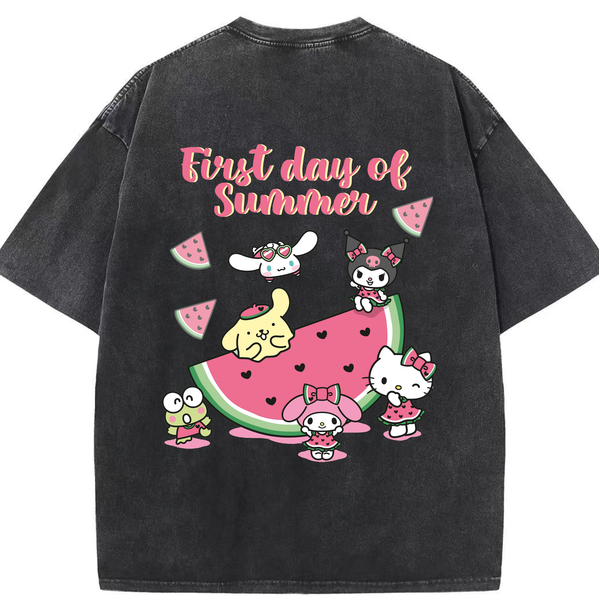 スイカサンリオ - 綿100％ ヴィンテージ風 半袖Tシャツ ・ 背面プリント ・ 柔らか肌触り ・ 通気性 快適 ・ スポーツ カジュアル 外出用