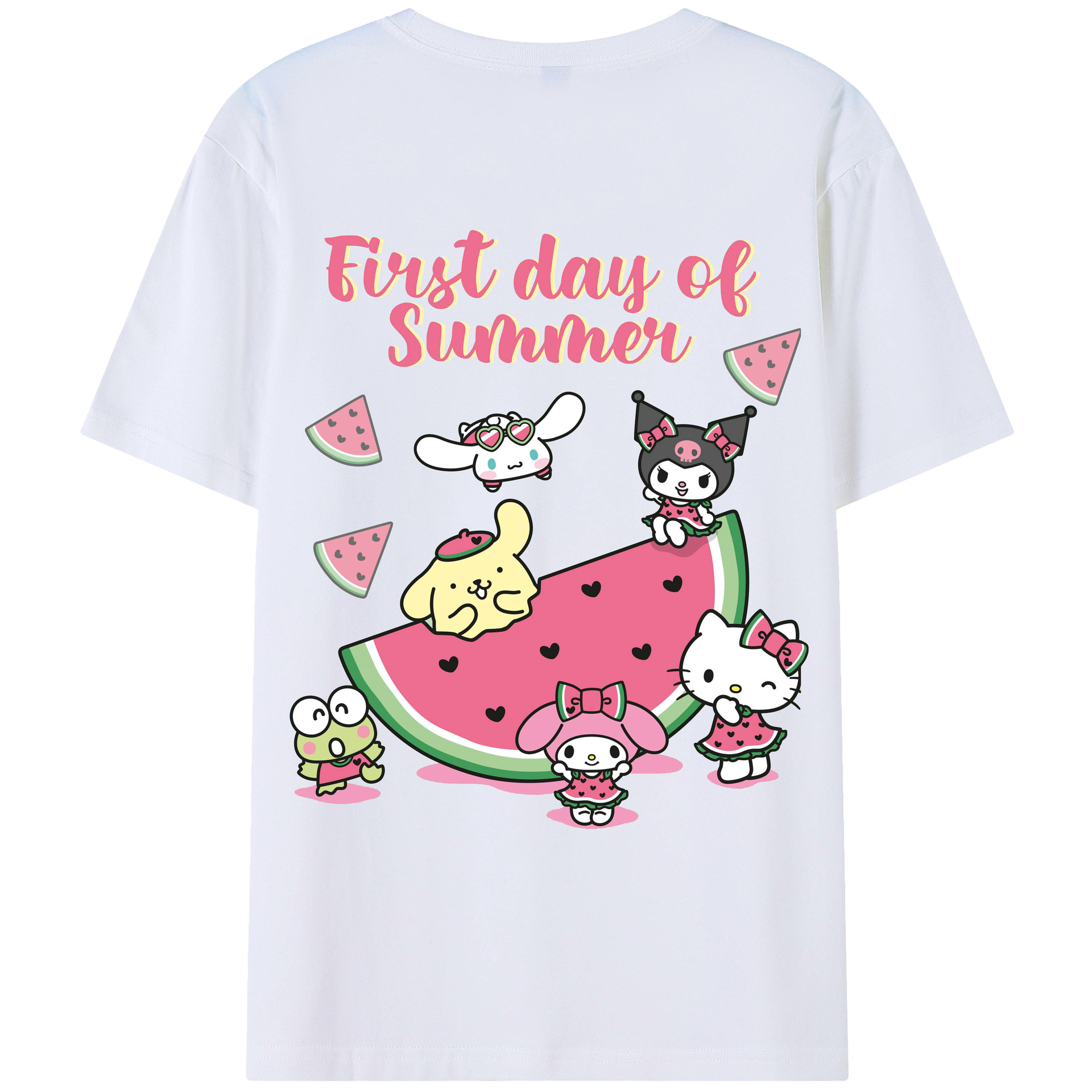 スイカサンリオ - レディース半袖Tシャツ ・ 綿100％ ・ バックプリント ・ 強化クルーネック ・ 二重折り袖口 ・ 快適 通気性 ・ フィットネス カジュアル 旅行用