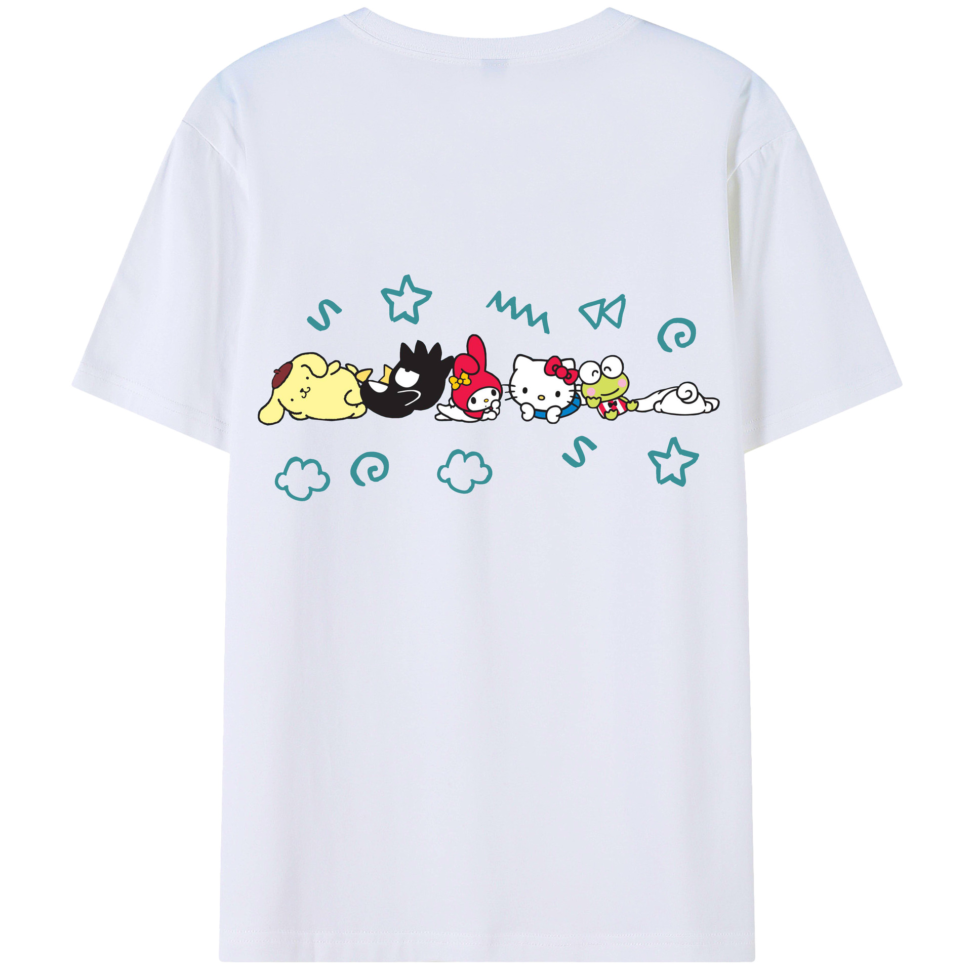 おもしろサンリオ - レディース半袖Tシャツ ・ 綿100％ ・ バックプリント ・ 強化クルーネック ・ 二重折り袖口 ・ 快適 通気性 ・ フィットネス カジュアル 旅行用