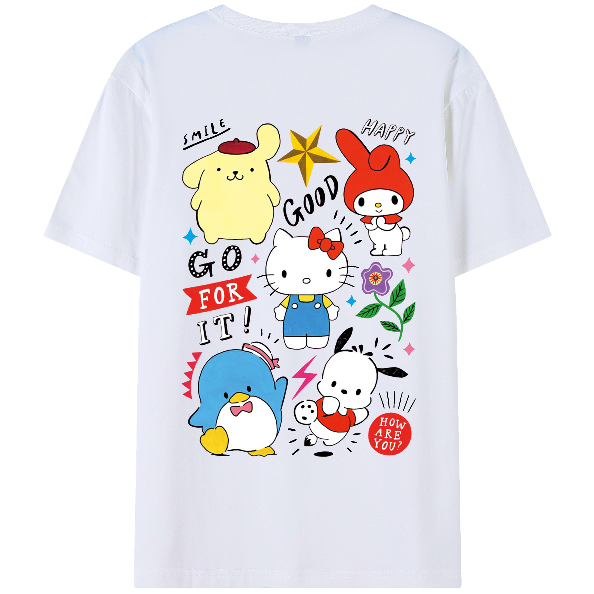 おもしろサンリオ - レディース半袖Tシャツ ・ 綿100％ ・ バックプリント ・ 強化クルーネック ・ 二重折り袖口 ・ 快適 通気性 ・ フィットネス カジュアル 旅行用