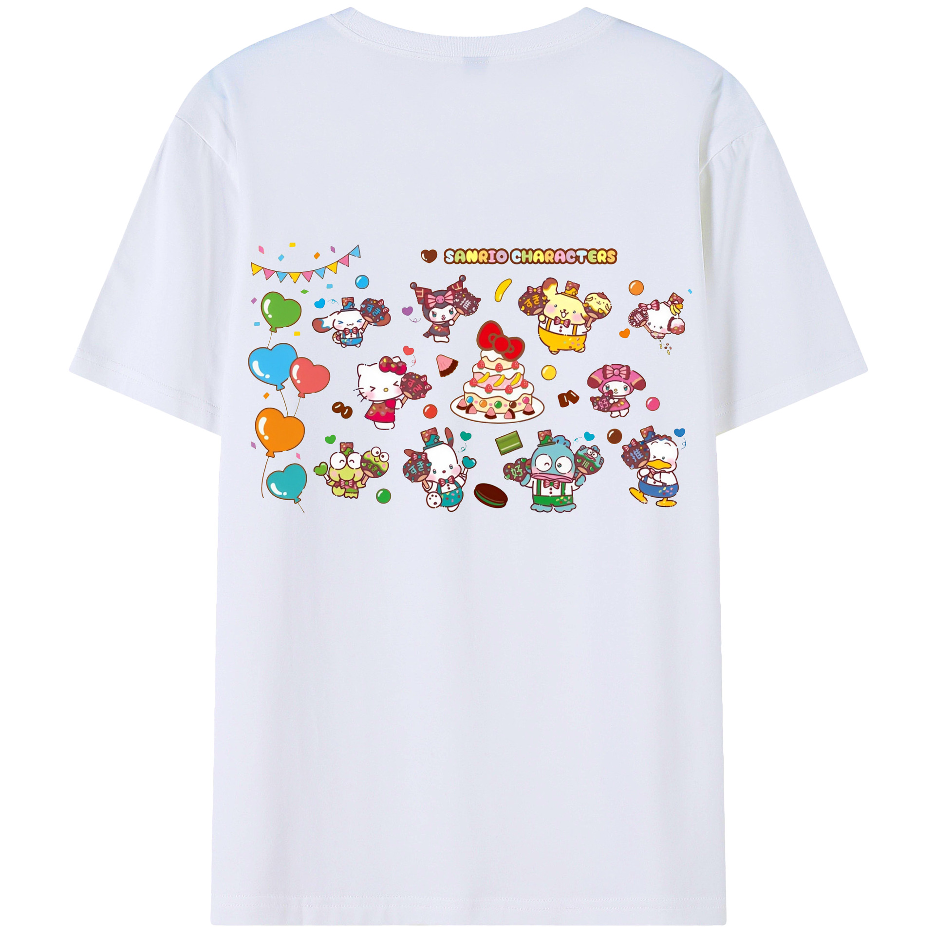 スイート系サンリオ - レディース半袖Tシャツ ・ 綿100％ ・ バックプリント ・ 強化クルーネック ・ 二重折り袖口 ・ 快適 通気性 ・ フィットネス カジュアル 旅行用