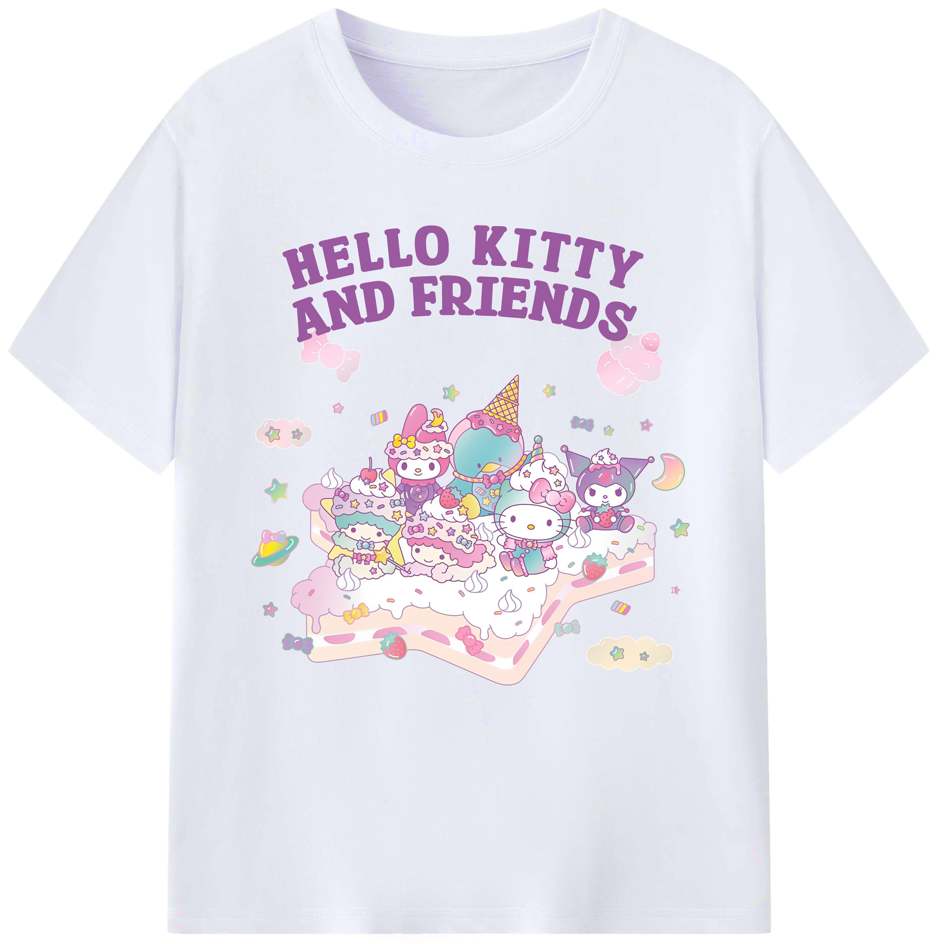 キティちゃんとなかまたち大集合♪ - レディースカジュアルプリントTシャツ ・ 綿100％ ・ クルーネック ・ フロントプリント ・ 柔らかく快適 ・ フィットネス カジュアル 旅行用