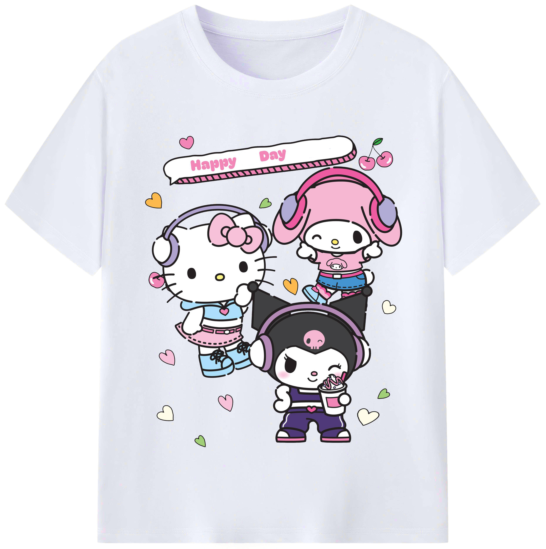 音楽を聴くサンリオキャラ - レディースカジュアルプリントTシャツ ・ 綿100％ ・ クルーネック ・ フロントプリント ・ 柔らかく快適 ・ フィットネス カジュアル 旅行用