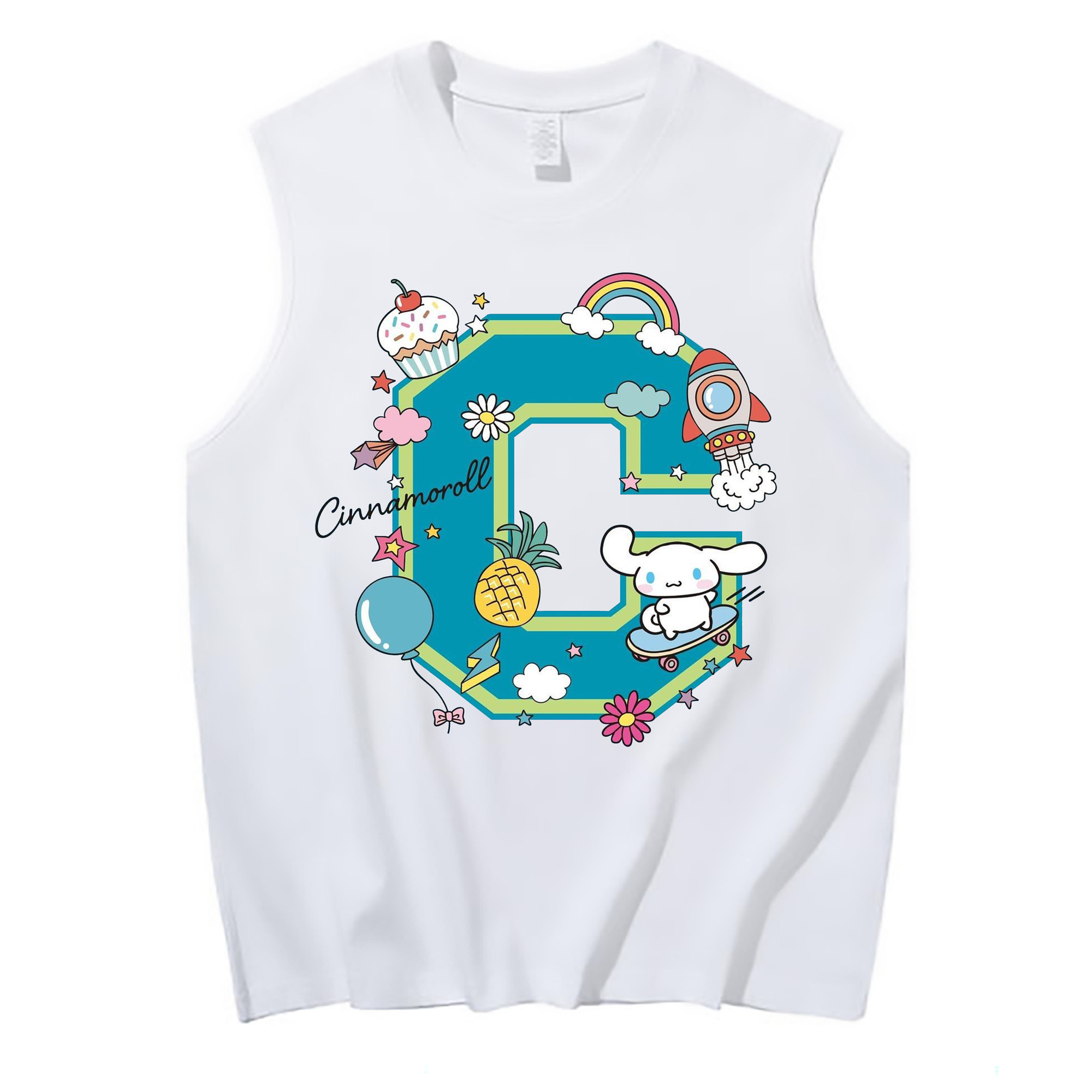 サンリオシナモロール - コットン100％ タンクトップ ・ フロントプリント ・ タイトフィット ・ 快適 通気性 ・ スポーツ カジュアル 散歩用