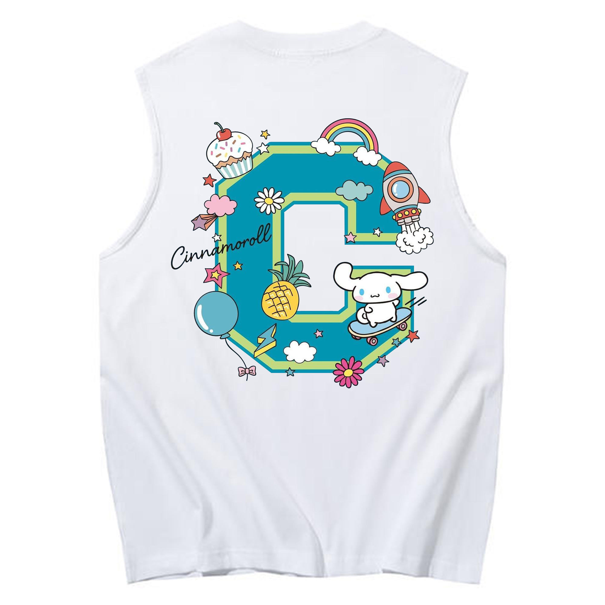 サンリオシナモロール - コットン100％ タンクトップ ・ 背面プリント ・ タイトシルエット ・ 快適 通気性 ・ スポーツ カジュアル 散歩用