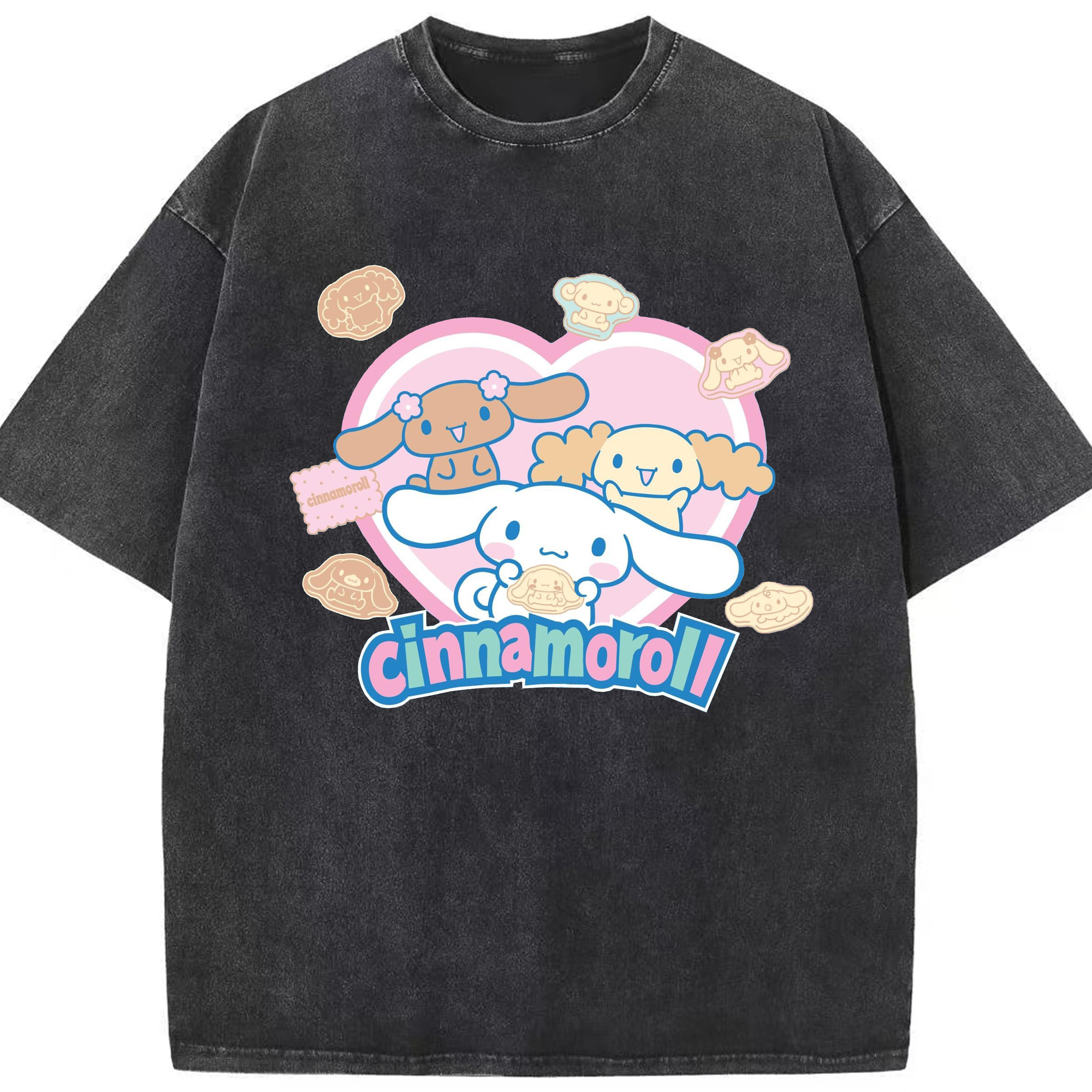 ハートデザインがかわいいシナモロール - 綿100％ ヴィンテージ風 半袖Tシャツ ・ フロントプリント ・ 柔らか肌触り ・ 通気性 快適 ・ スポーツ カジュアル 外出用
