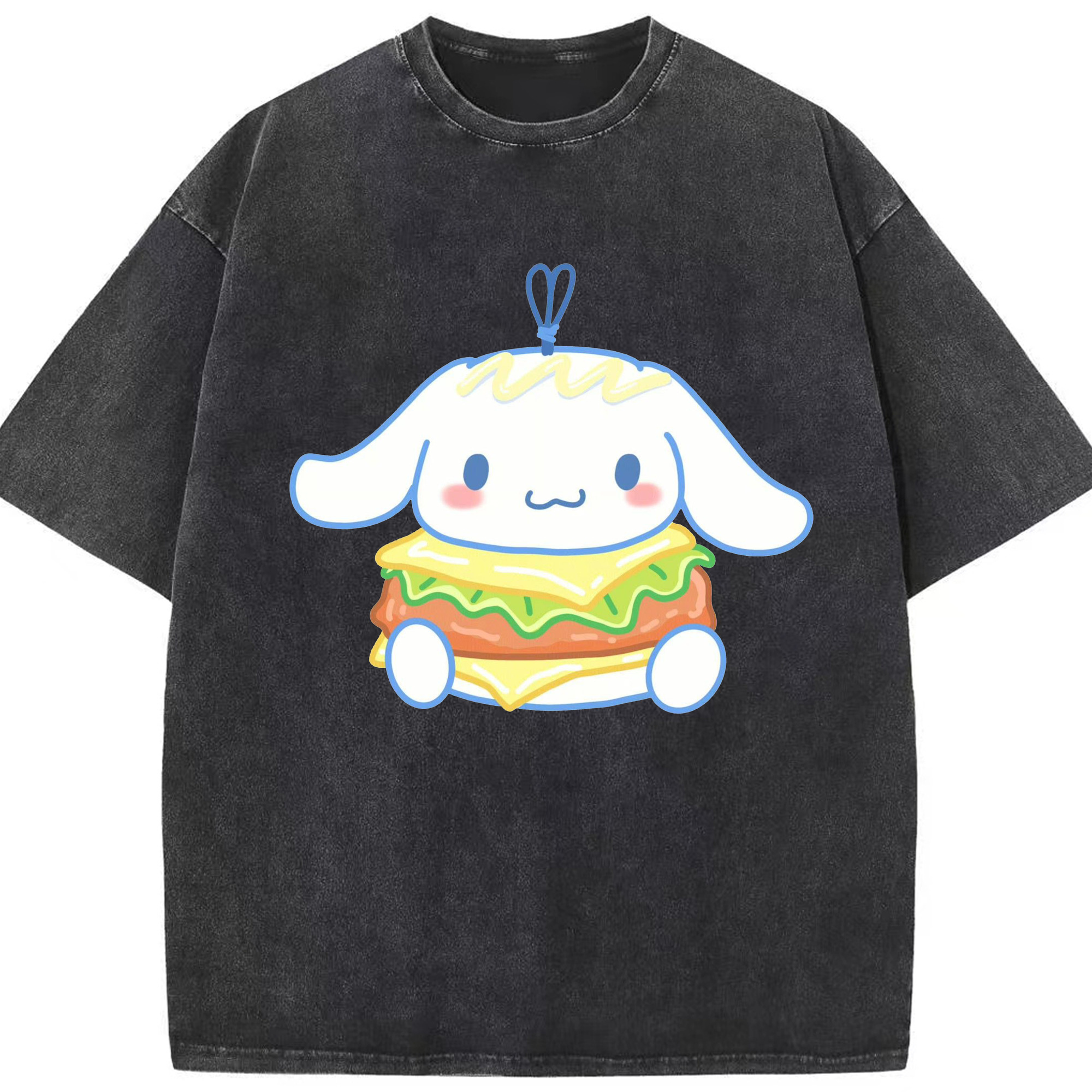 ハンバーガー好きのシナモロール - 綿100％ ヴィンテージ風 半袖Tシャツ ・ フロントプリント ・ 柔らか肌触り ・ 通気性 快適 ・ スポーツ カジュアル 外出用