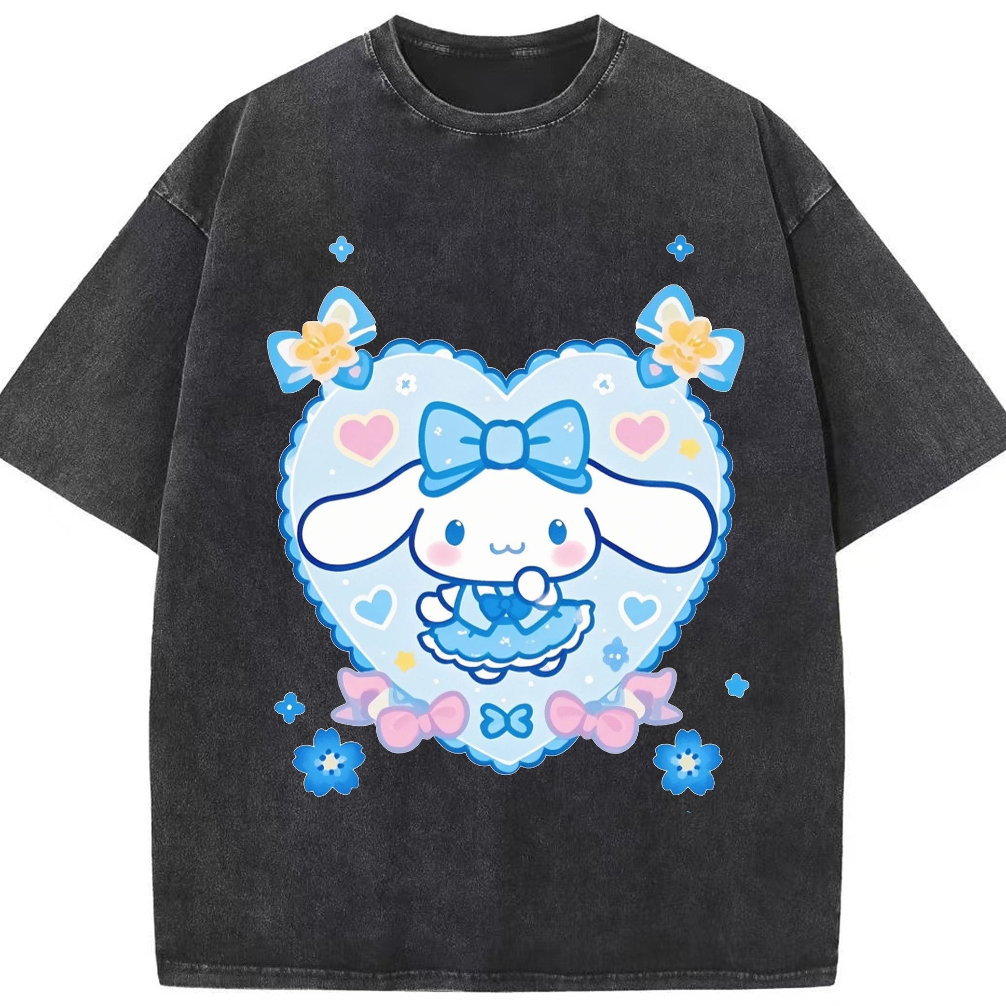ハートデザインがかわいいシナモロール - 綿100％ ヴィンテージ風 半袖Tシャツ ・ フロントプリント ・ 柔らか肌触り ・ 通気性 快適 ・ スポーツ カジュアル 外出用