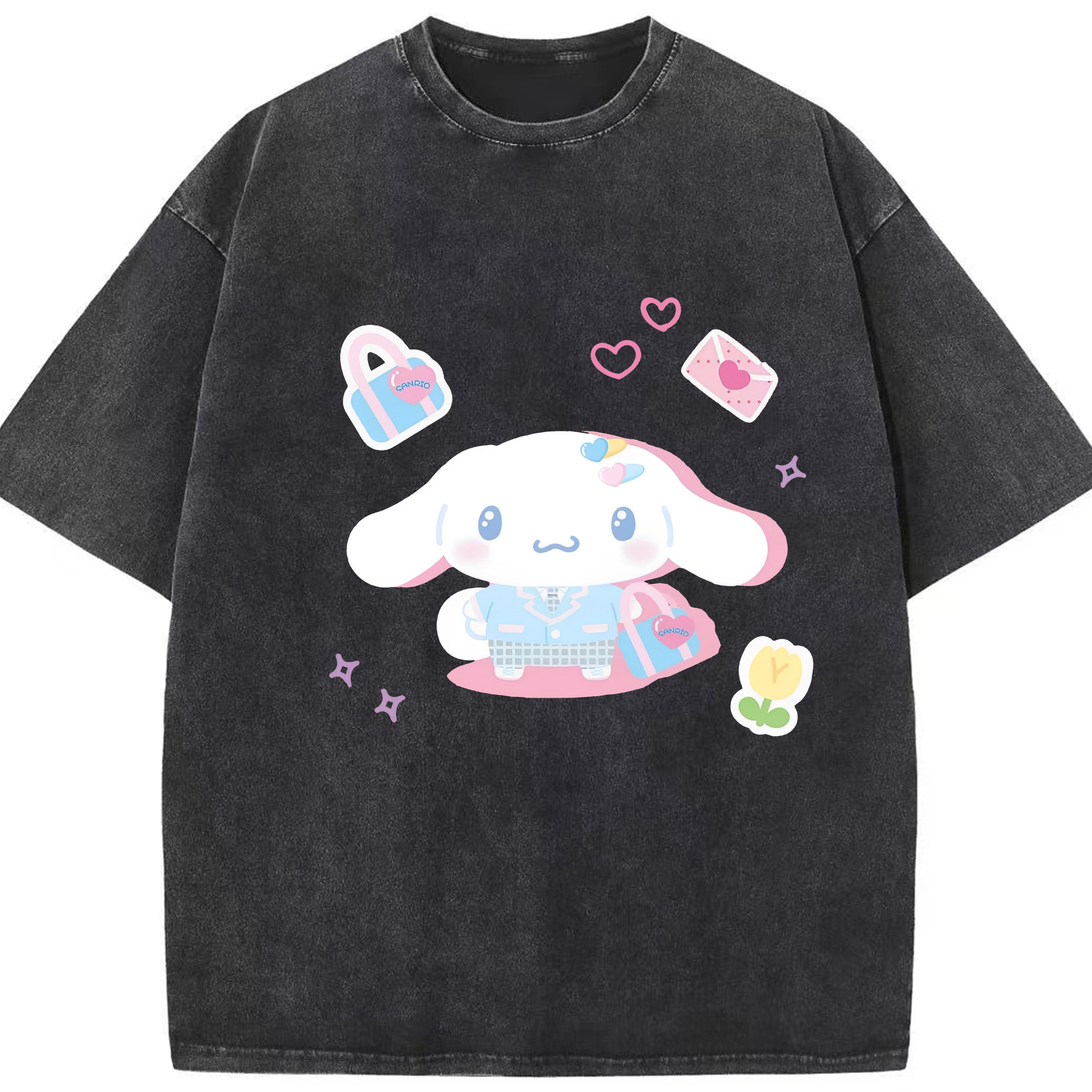 かわいいシナモロール - 綿100％ ヴィンテージ風 半袖Tシャツ ・ フロントプリント ・ 柔らか肌触り ・ 通気性 快適 ・ スポーツ カジュアル 外出用