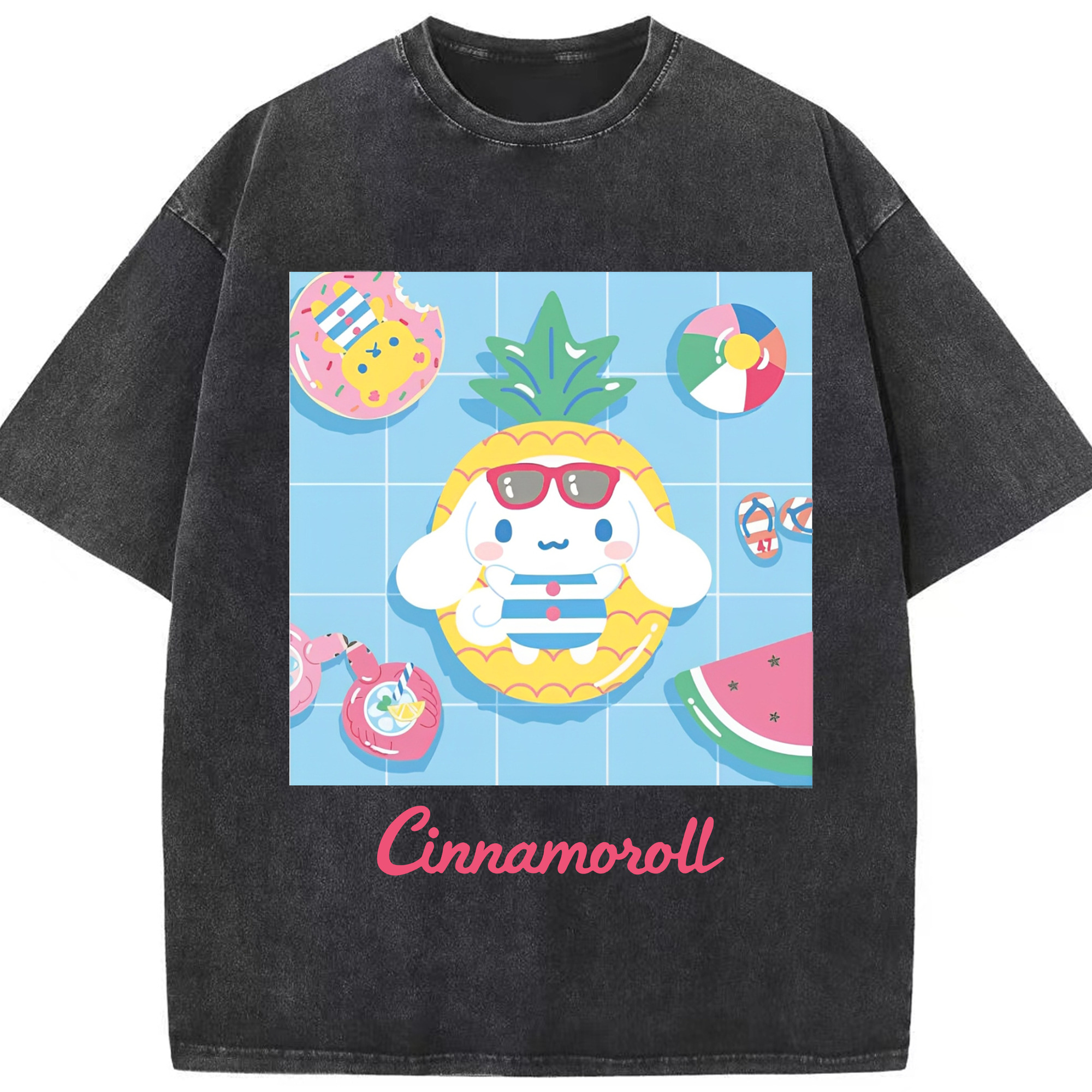 フルーツシリーズのシナモロール - 綿100％ ヴィンテージ風 半袖Tシャツ ・ フロントプリント ・ 柔らか肌触り ・ 通気性 快適 ・ スポーツ カジュアル 外出用