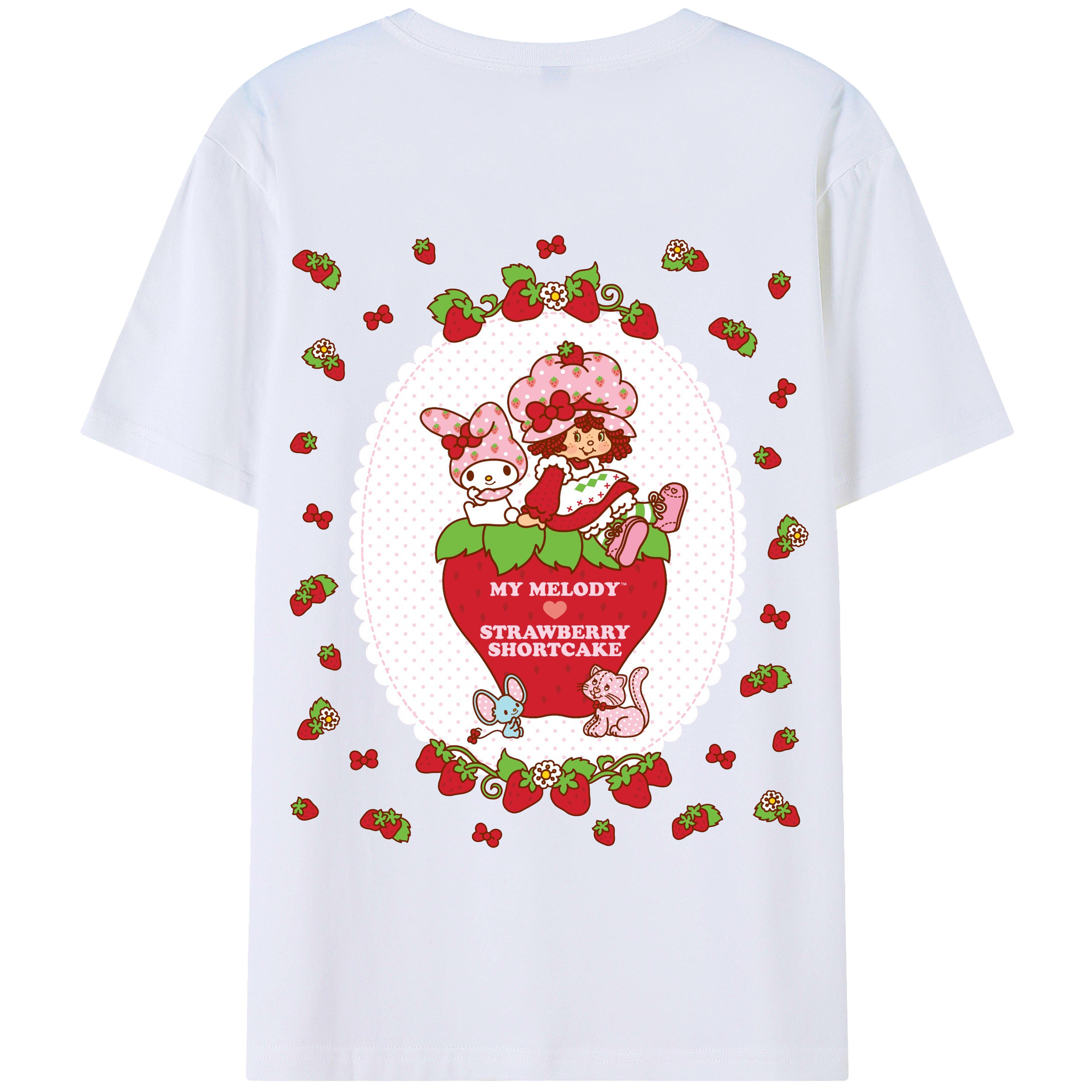 いちごモチーフのマイメロディ - 綿100％ 半袖Tシャツ ・ バックプリント ・ 快適 通気性 ・ 日常使い 散歩 スポーツ用