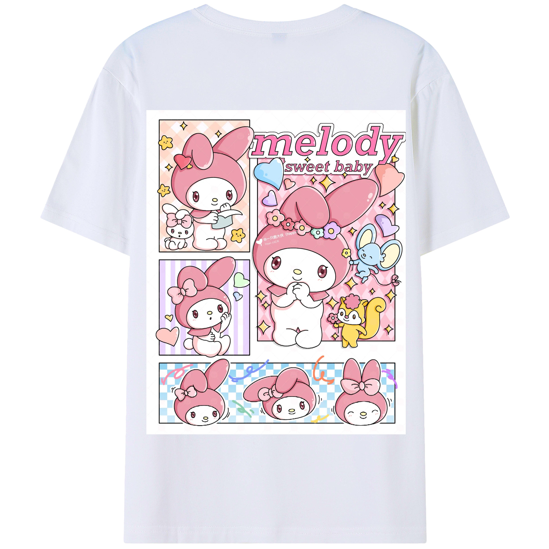 おもしろいマイメロディ - 綿100％ 半袖Tシャツ ・ バックプリント ・ 快適 通気性 ・ 日常使い 散歩 スポーツ用