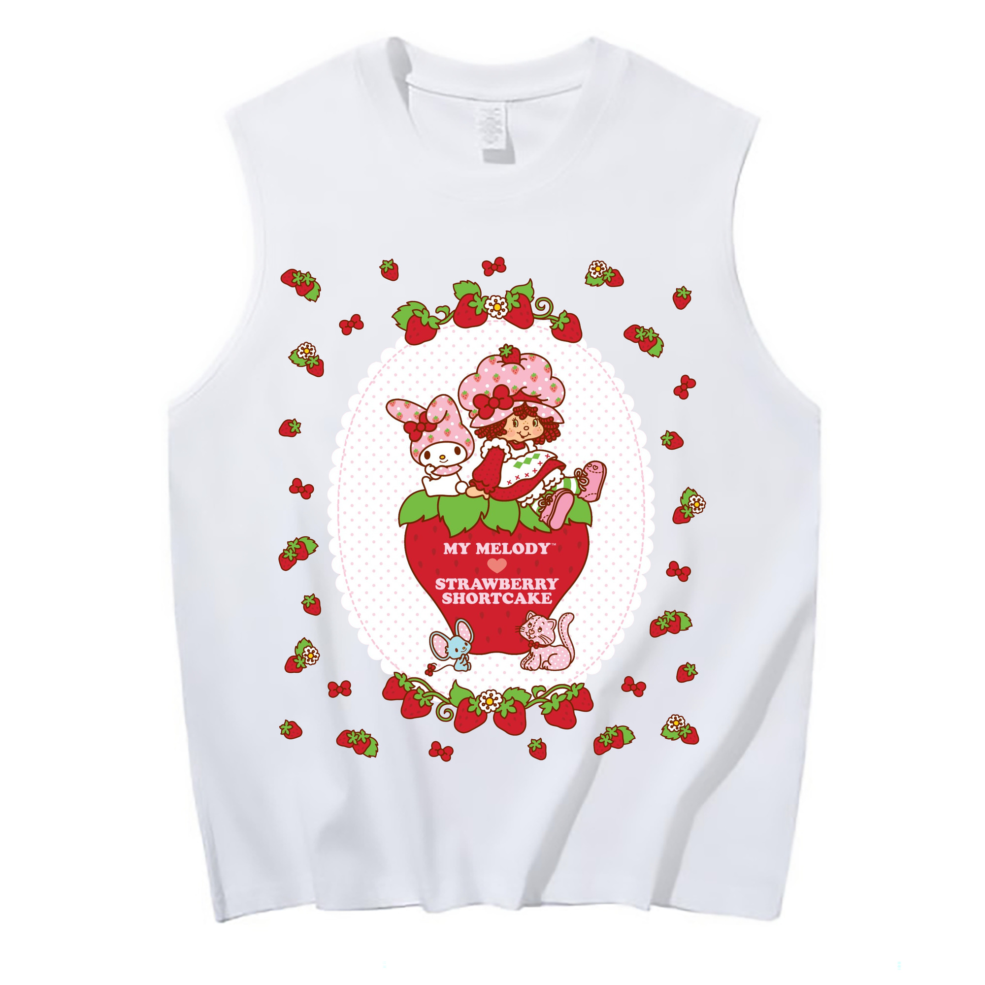 いちごモチーフのマイメロディ - コットン100％ タンクトップ ・ フロントプリント ・ タイトフィット ・ 快適 通気性 ・ スポーツ カジュアル 散歩用