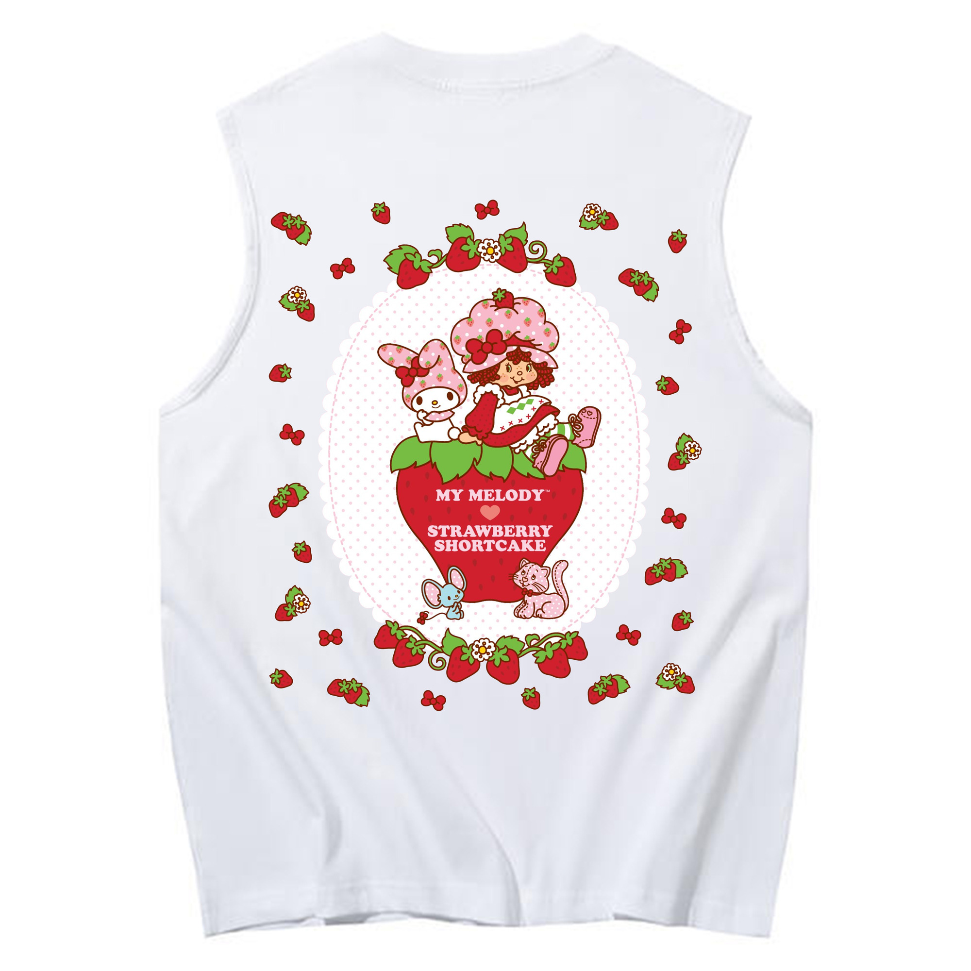 いちごモチーフのマイメロディ - コットン100％ タンクトップ ・ 背面プリント ・ タイトシルエット ・ 快適 通気性 ・ スポーツ カジュアル 散歩用