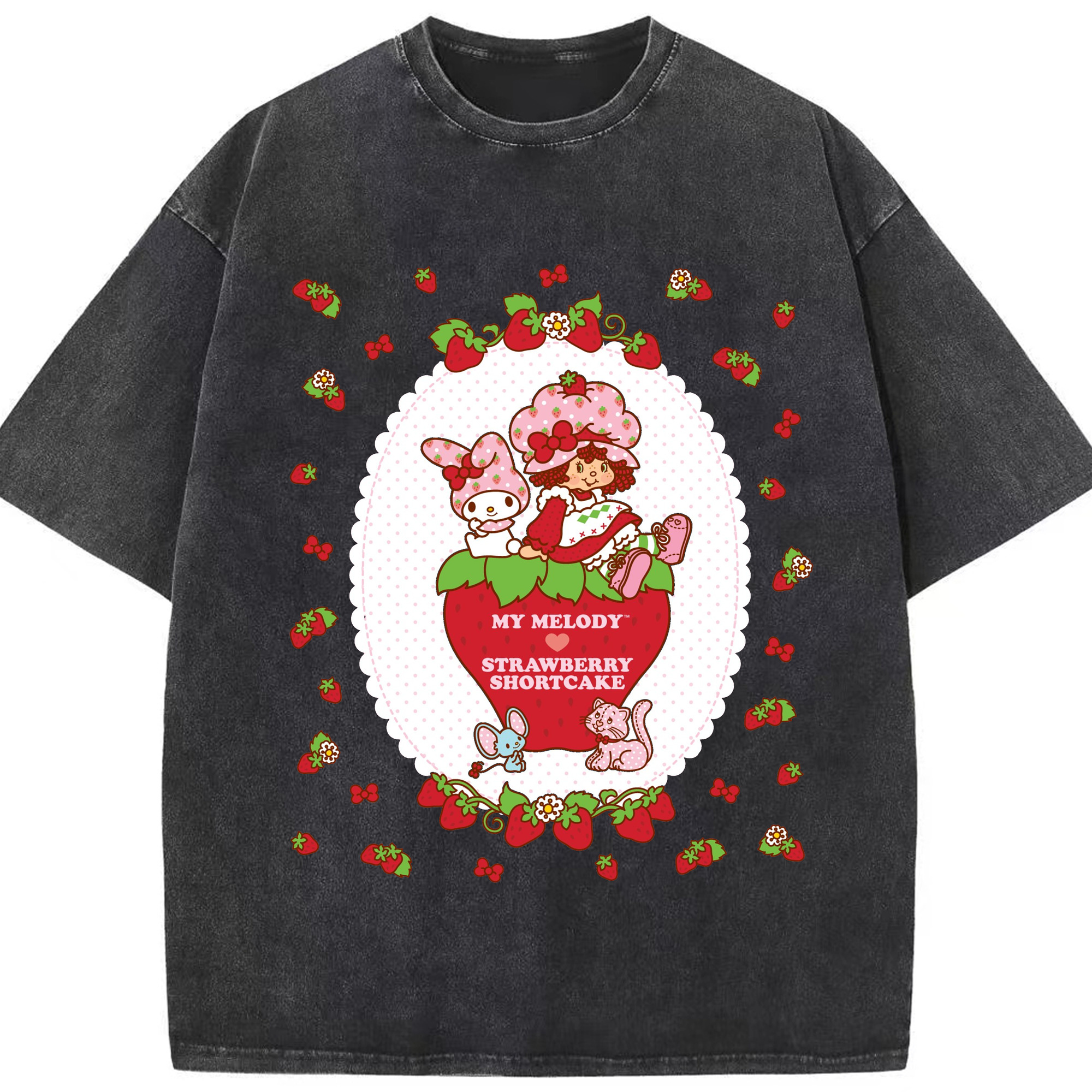 いちごモチーフのマイメロディ - 綿100％ ヴィンテージ風 半袖Tシャツ ・ フロントプリント ・ 柔らか肌触り ・ 通気性 快適 ・ スポーツ カジュアル 外出用