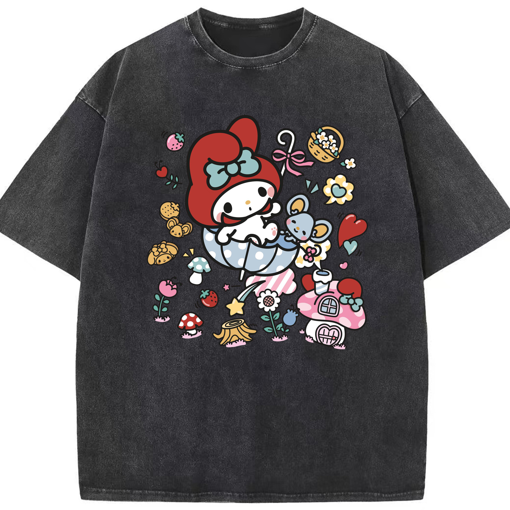 おもしろいマイメロディ - 綿100％ ヴィンテージ風 半袖Tシャツ ・ フロントプリント ・ 柔らか肌触り ・ 通気性 快適 ・ スポーツ カジュアル 外出用