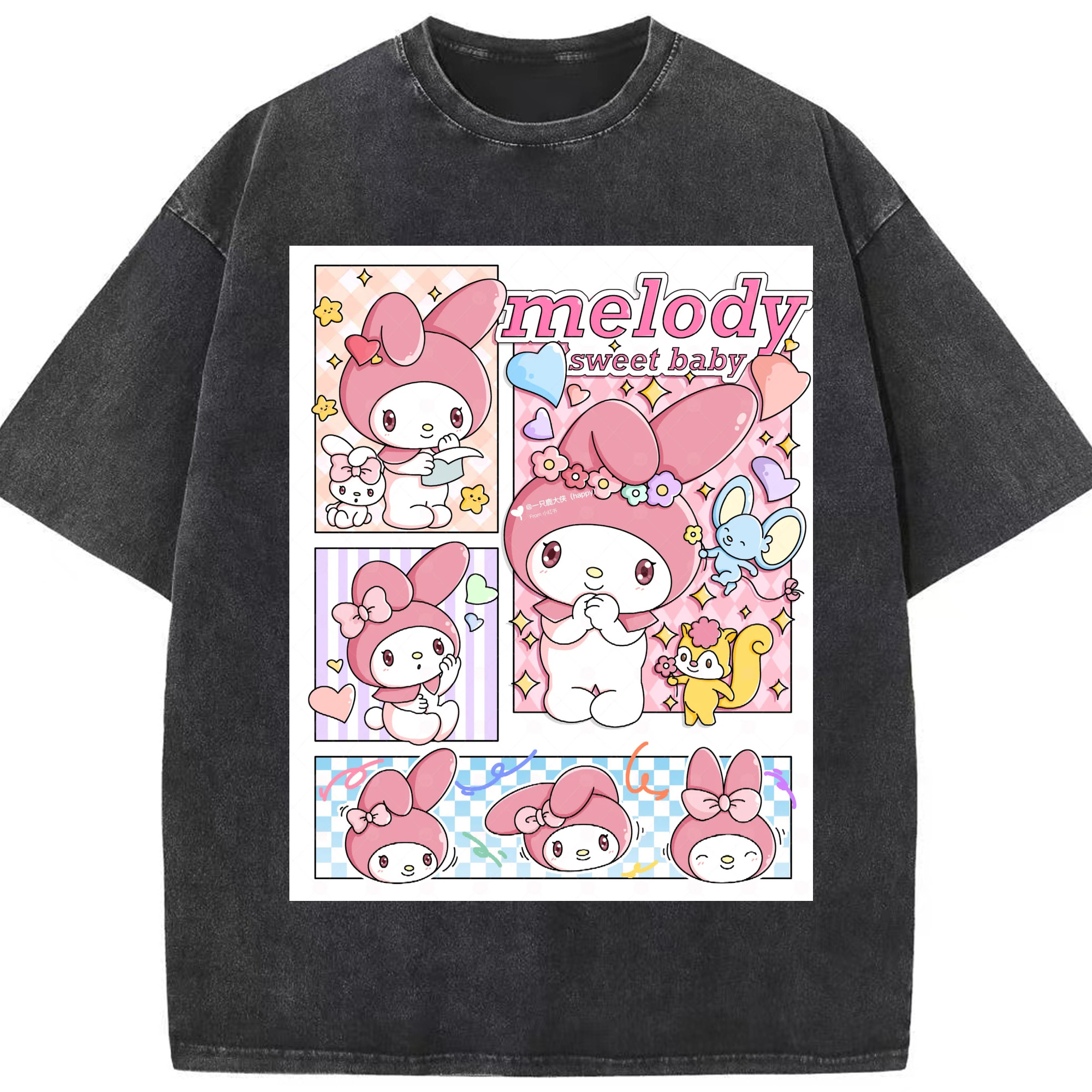 おもしろいマイメロディ - 綿100％ ヴィンテージ風 半袖Tシャツ ・ フロントプリント ・ 柔らか肌触り ・ 通気性 快適 ・ スポーツ カジュアル 外出用