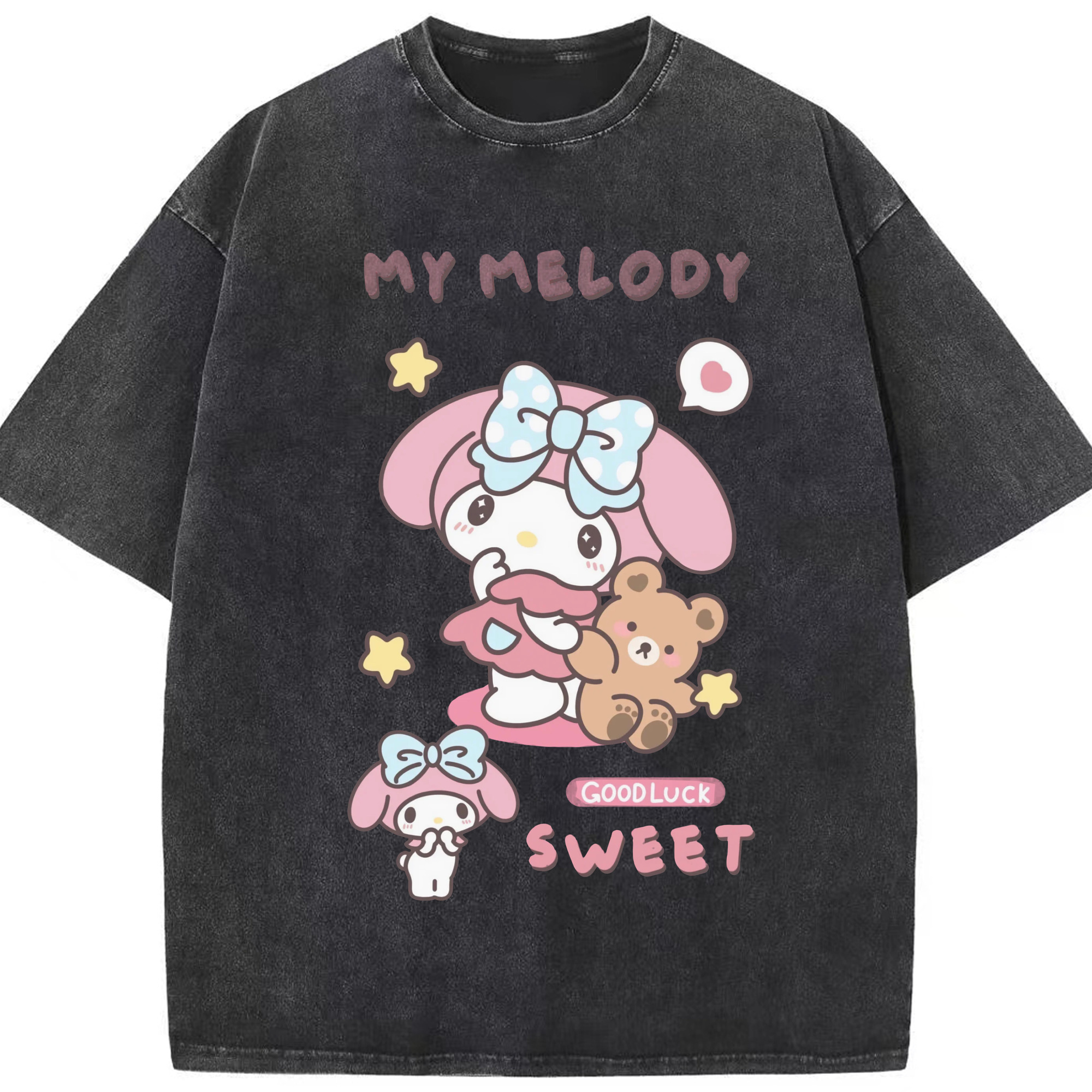 スイートなマイメロディ - 綿100％ ヴィンテージ風 半袖Tシャツ ・ フロントプリント ・ 柔らか肌触り ・ 通気性 快適 ・ スポーツ カジュアル 外出用