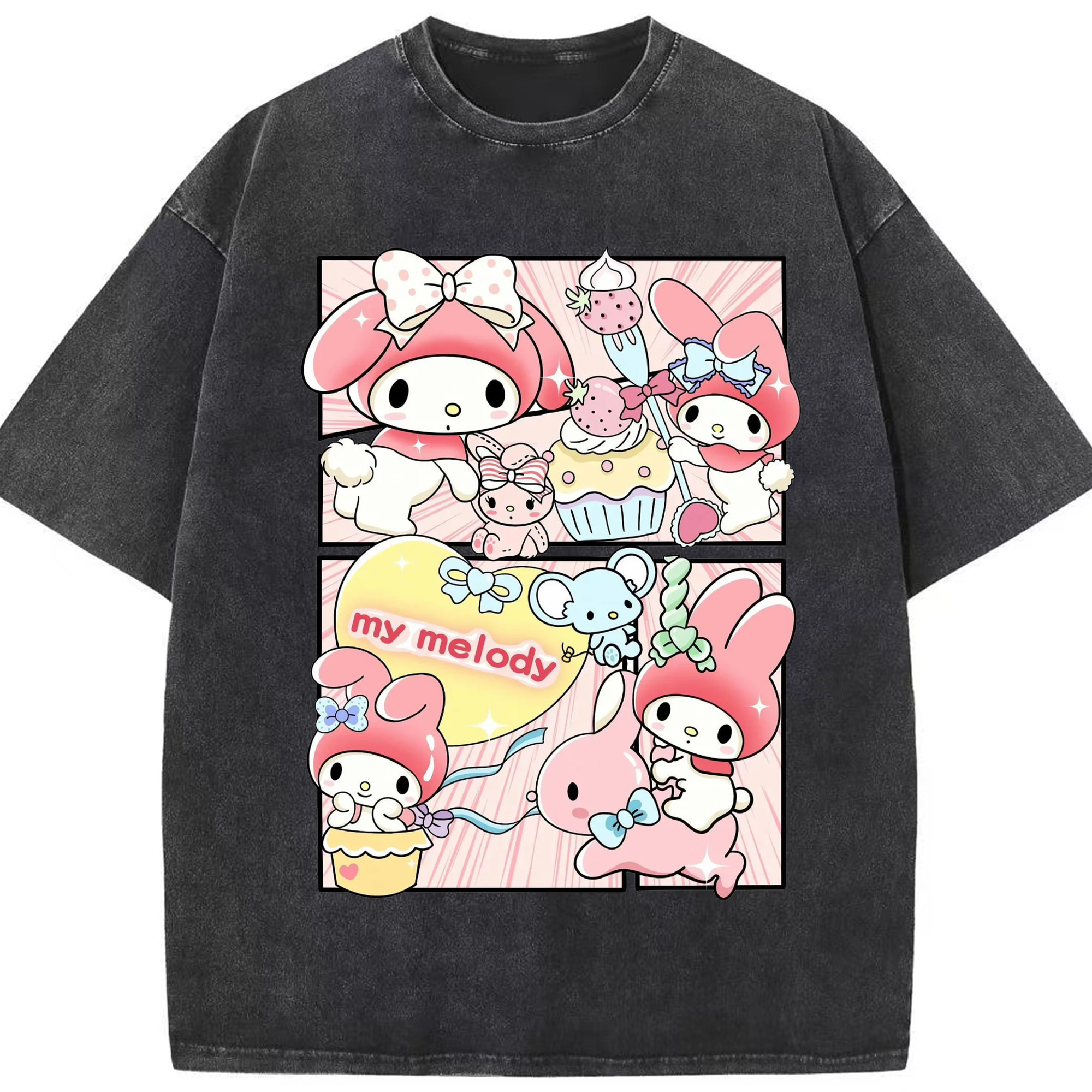 おもしろいマイメロディ - 綿100％ ヴィンテージ風 半袖Tシャツ ・ フロントプリント ・ 柔らか肌触り ・ 通気性 快適 ・ スポーツ カジュアル 外出用