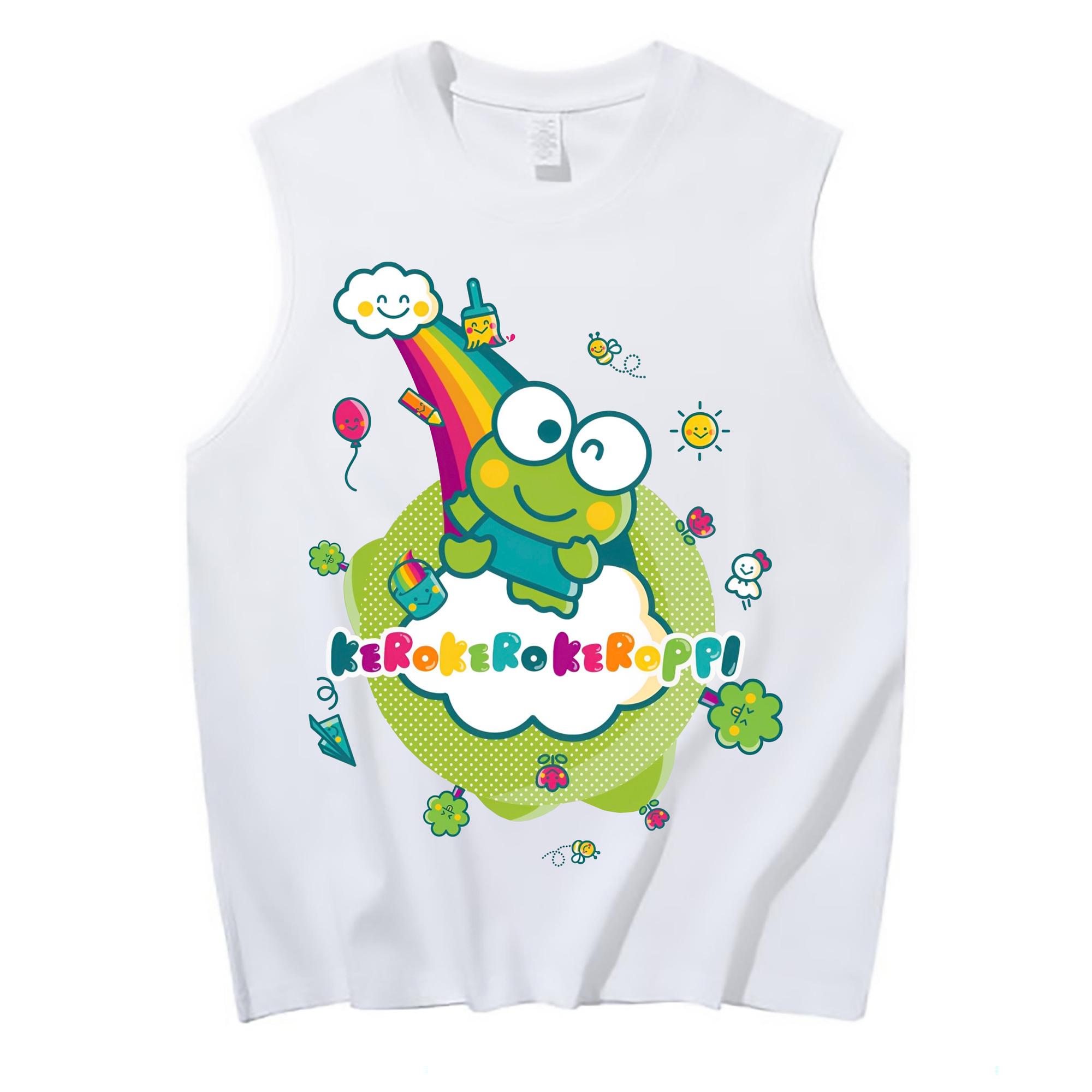 サンリオけろけろけろっぴ - コットン100％ タンクトップ ・ フロントプリント ・ タイトフィット ・ 快適 通気性 ・ スポーツ カジュアル 散歩用