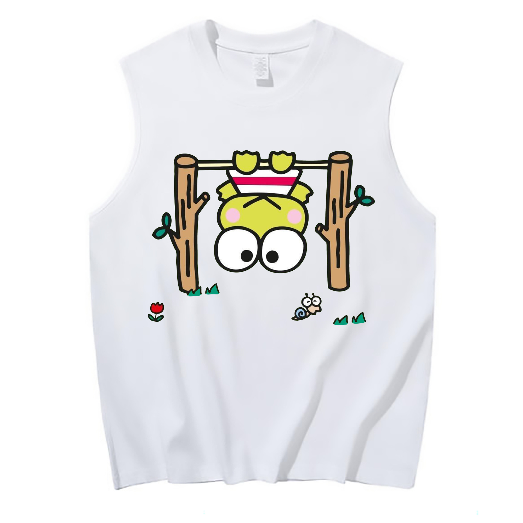 とってもキュートなけろけろけろっぴ - コットン100％ タンクトップ ・ フロントプリント ・ タイトフィット ・ 快適 通気性 ・ スポーツ カジュアル 散歩用